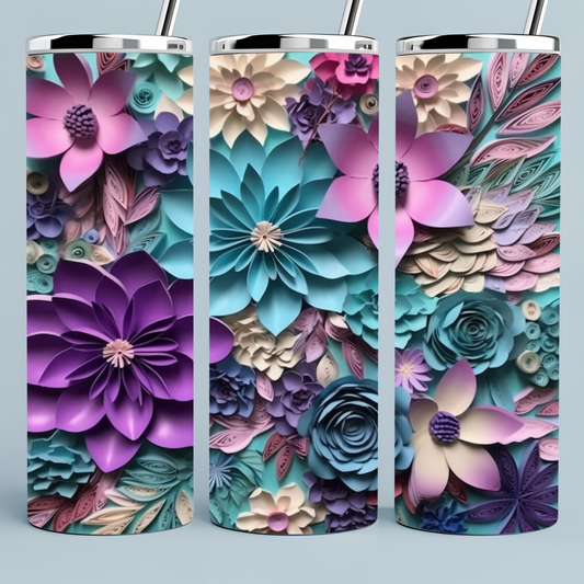 3D paper teal and purple flowers tumbler