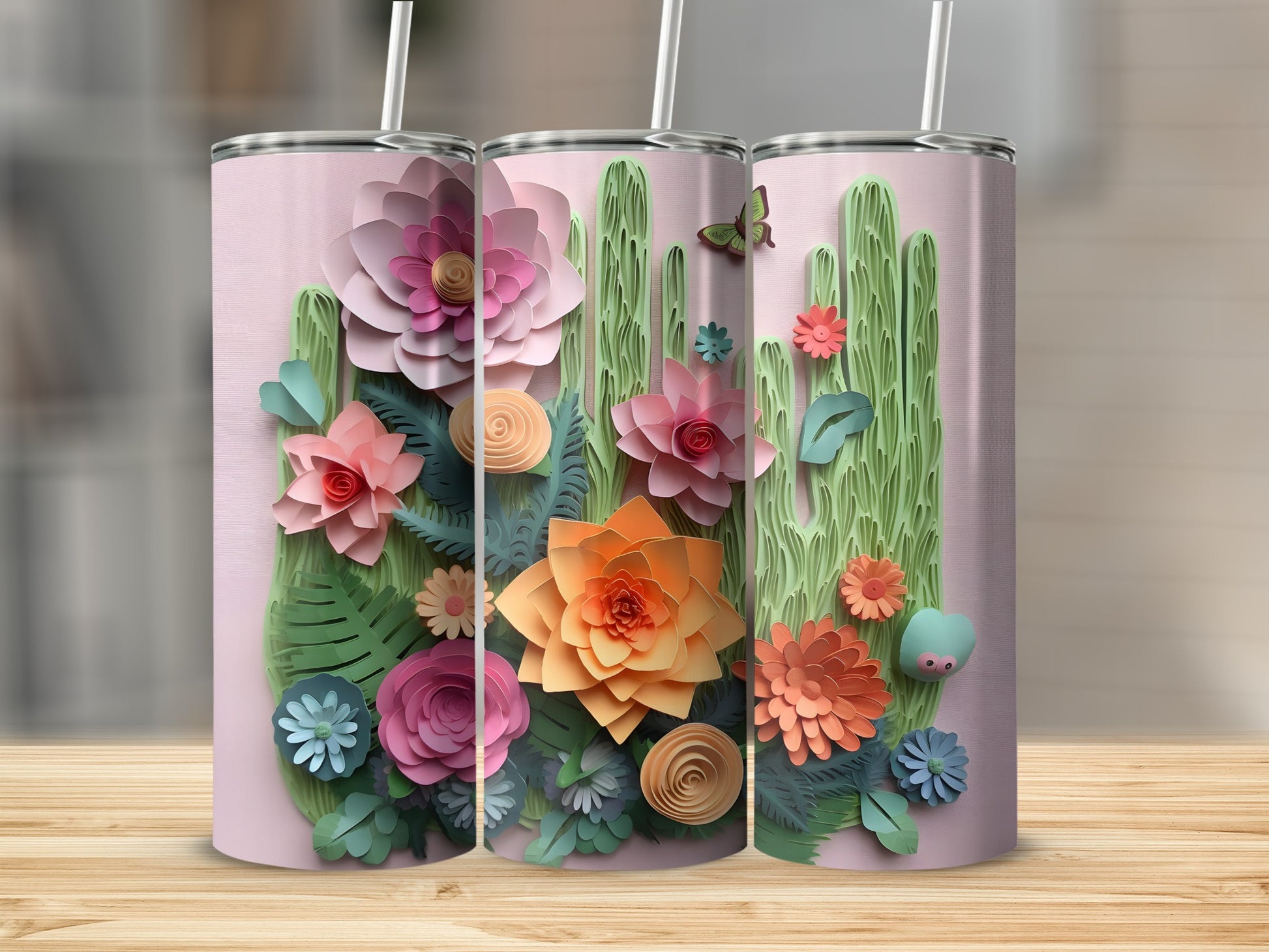 Floral and Cactus Design Tumbler with Straw Drinkware