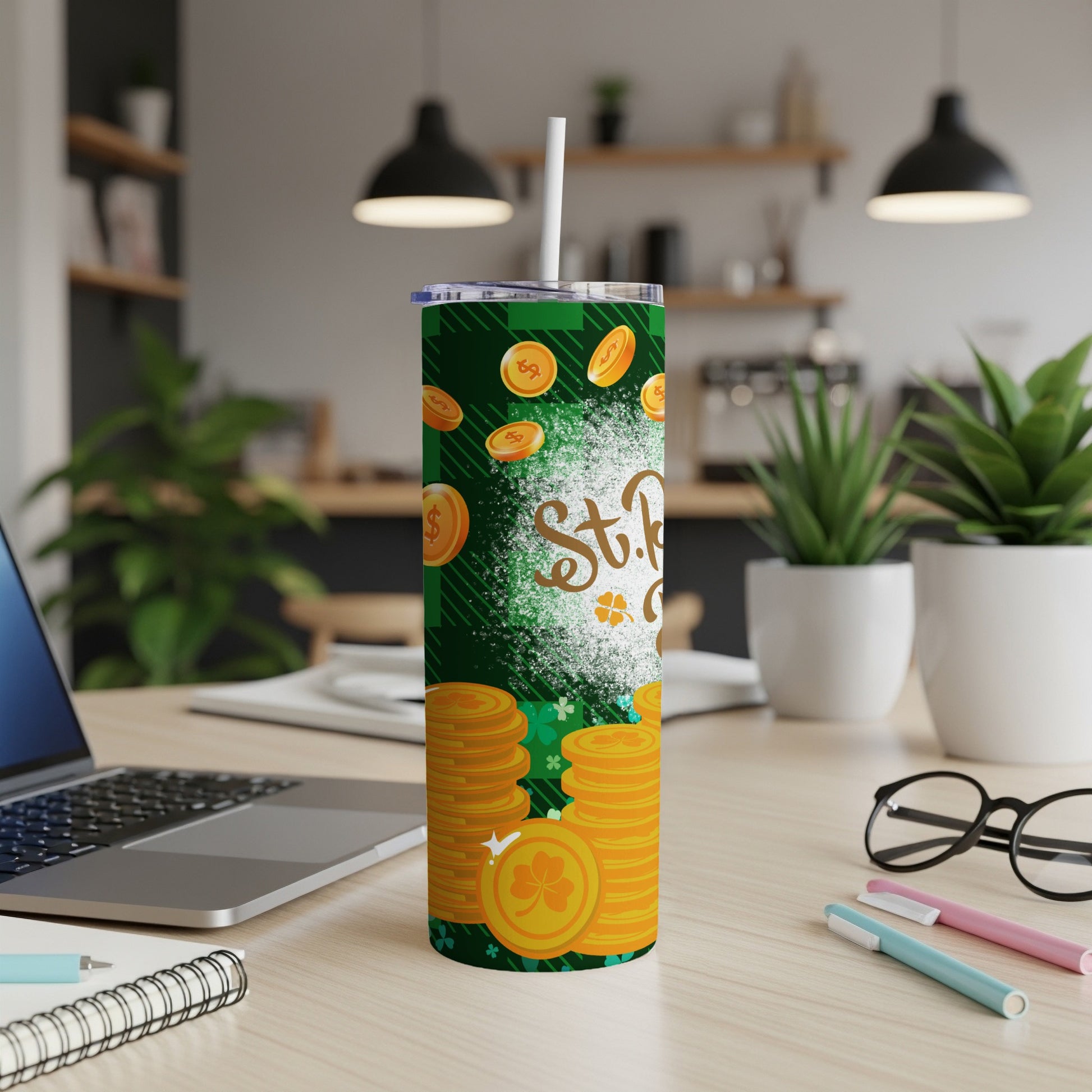 Green St. Patrick's Day tumbler with shamrocks and gold coins.
