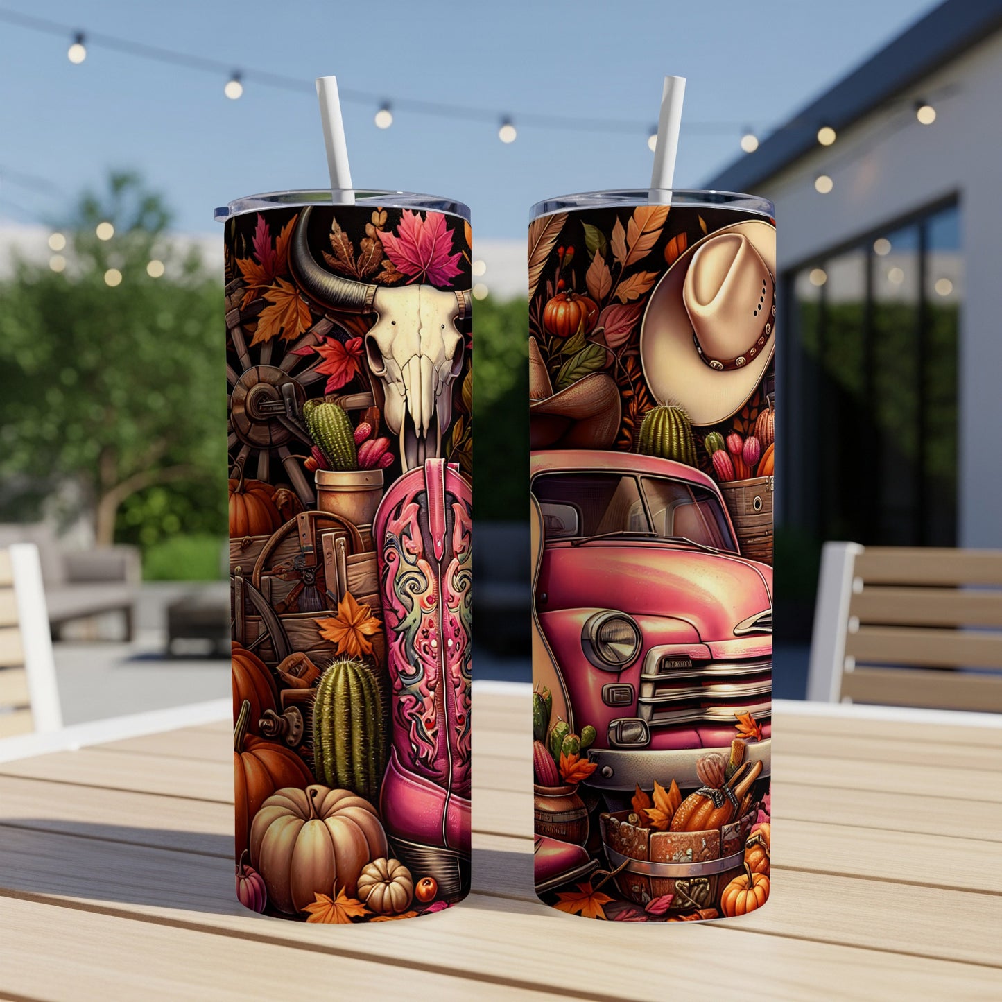 Two skinny tumblers with country western designs, pumpkins, and a vintage truck.
