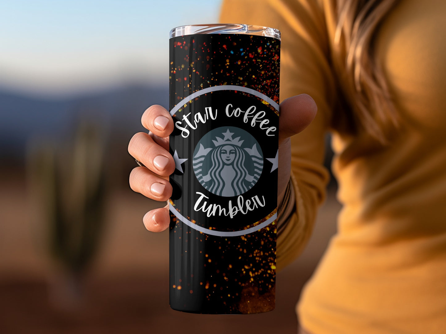 Star Coffee Tumbler with Black and Gold Speckled Design