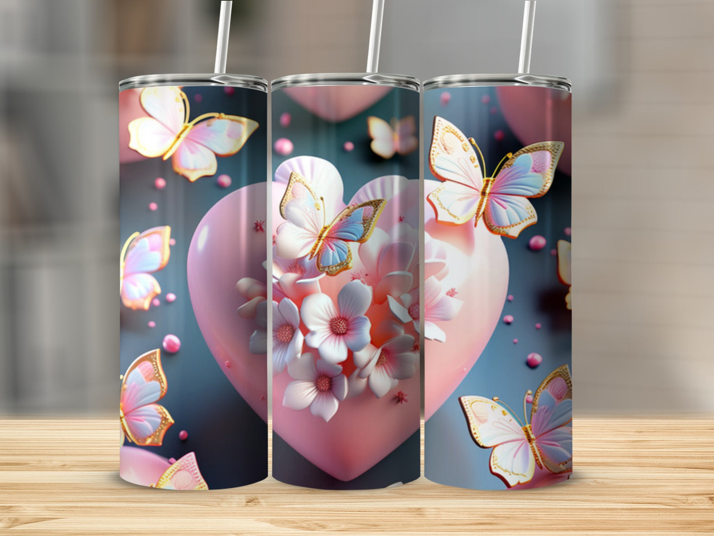 Pink heart with flowers and butterflies, featuring a light blue background.