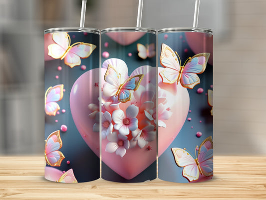 Pink heart with flowers and butterflies, featuring a light blue background.