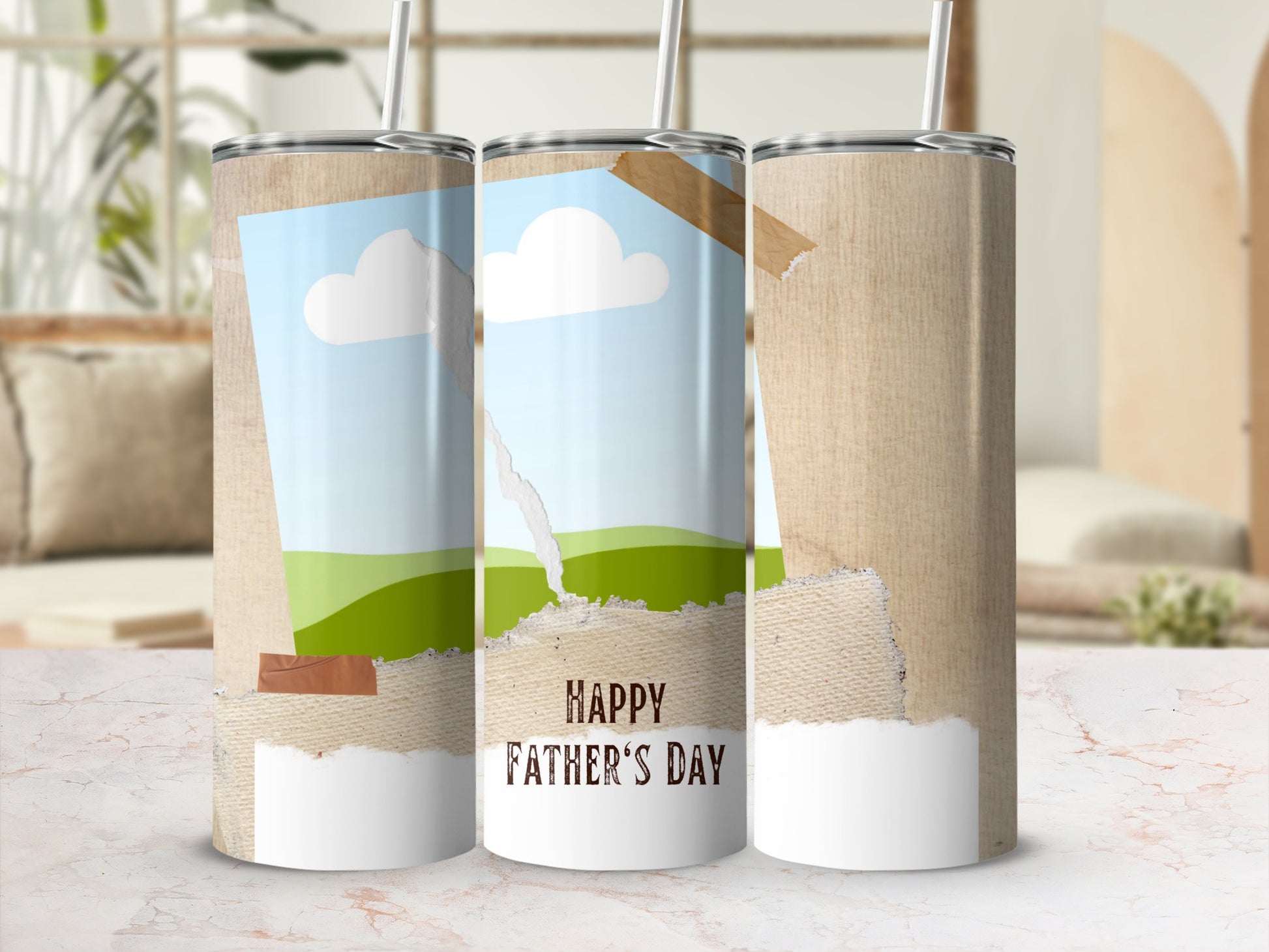 Three tumblers with a "Happy Father's Day" design featuring torn paper and sky.