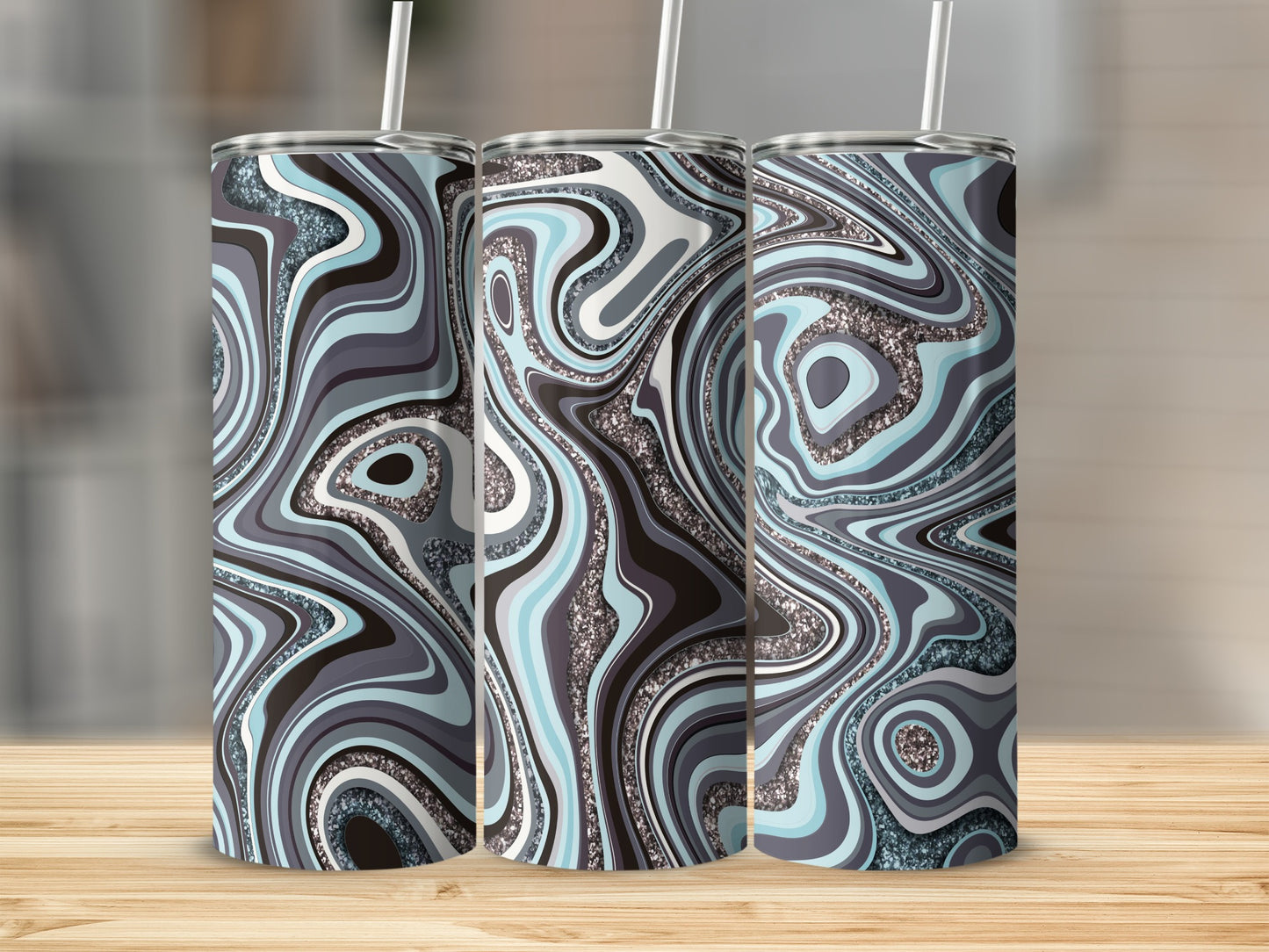 Abstract Blue Grey Marble Liquid Swirl Glitter Tumblers