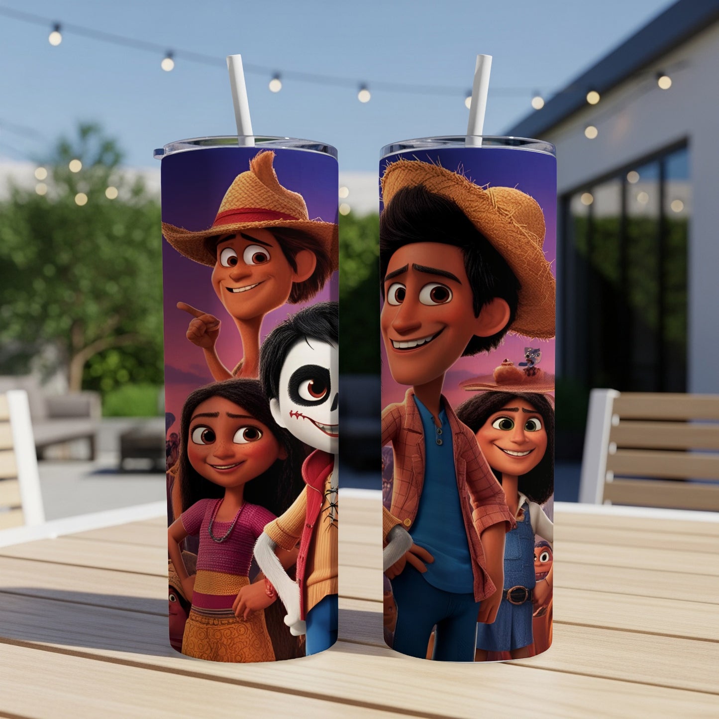 Animated characters from a movie on two stainless steel tumblers with straws.