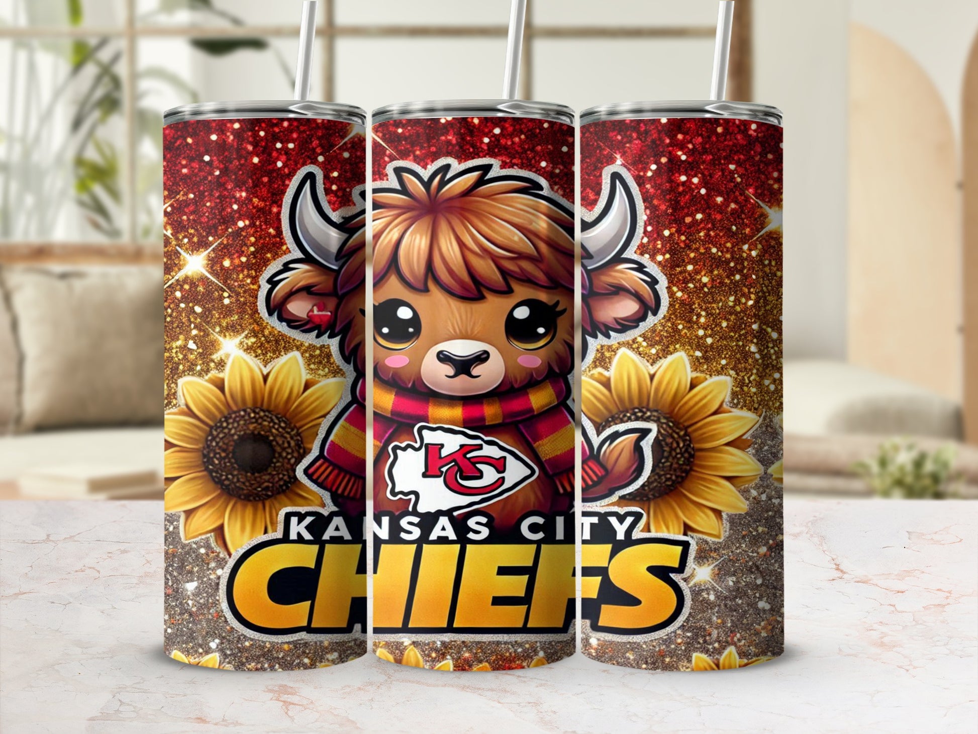 Kansas City Chiefs tumbler with cartoon bull and sunflowers.