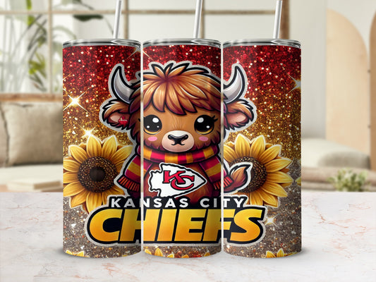 Kansas City Chiefs tumbler with cartoon bull and sunflowers.