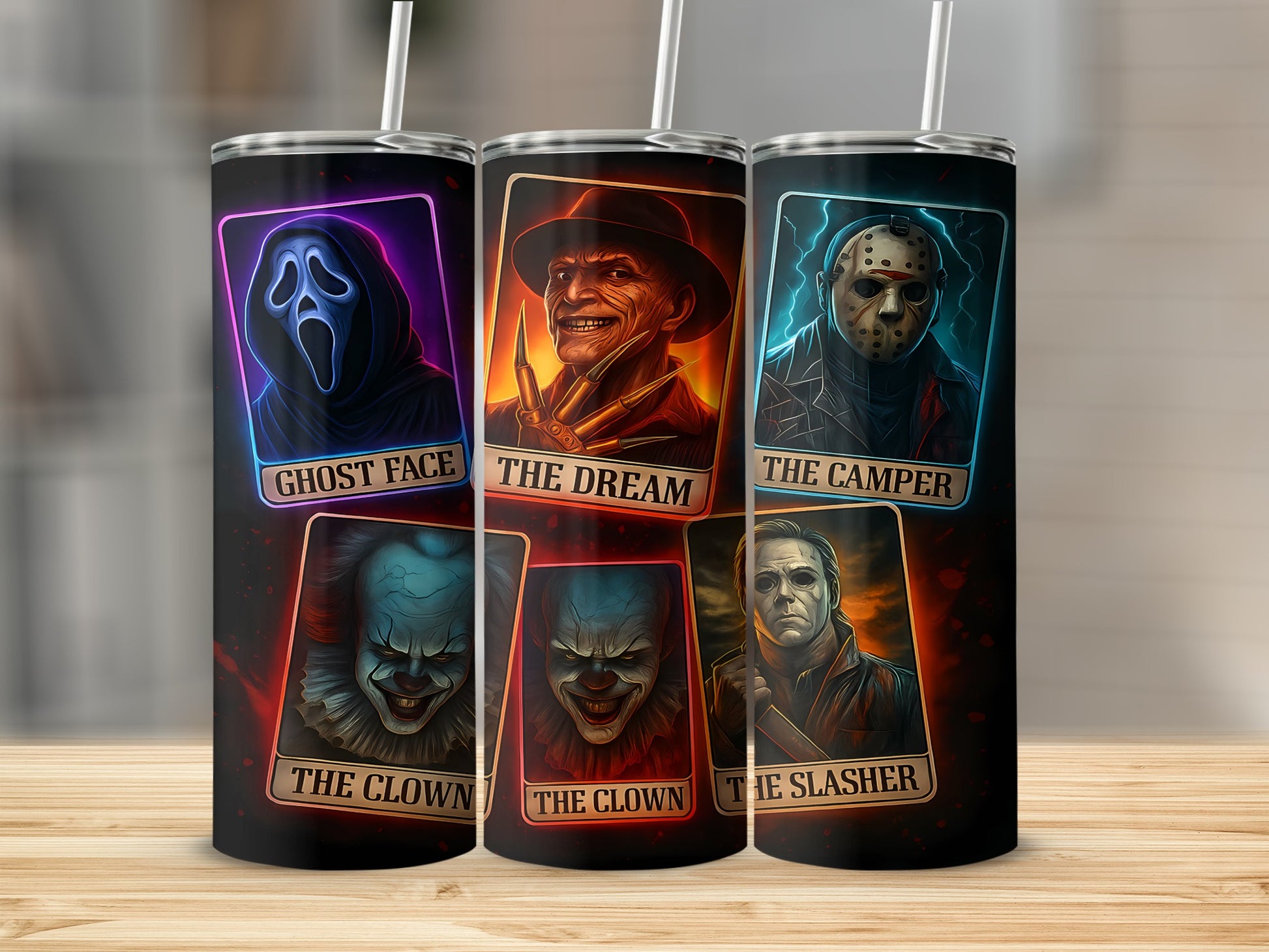 Tumblers featuring horror characters Ghost Face, The Dream, The Camper, The Clown, and The Slasher.