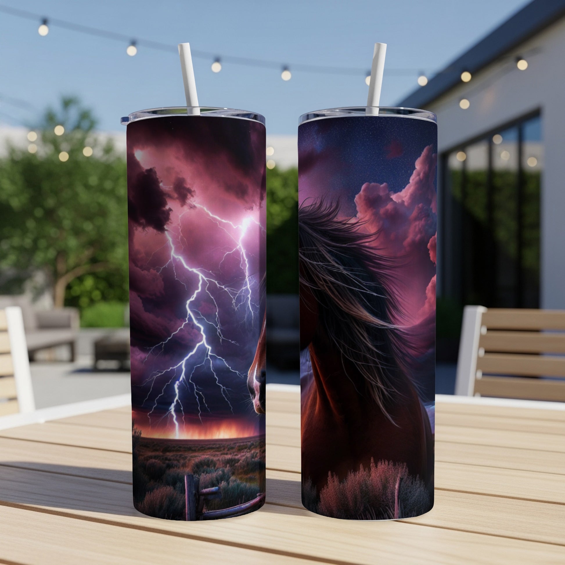 Horse silhouette against lightning storm and night sky on double-walled tumbler.