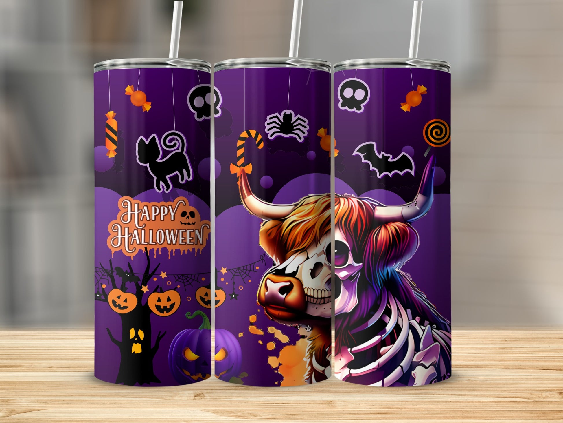 Spooky Halloween Tumblers with Skull Cat Bat Design