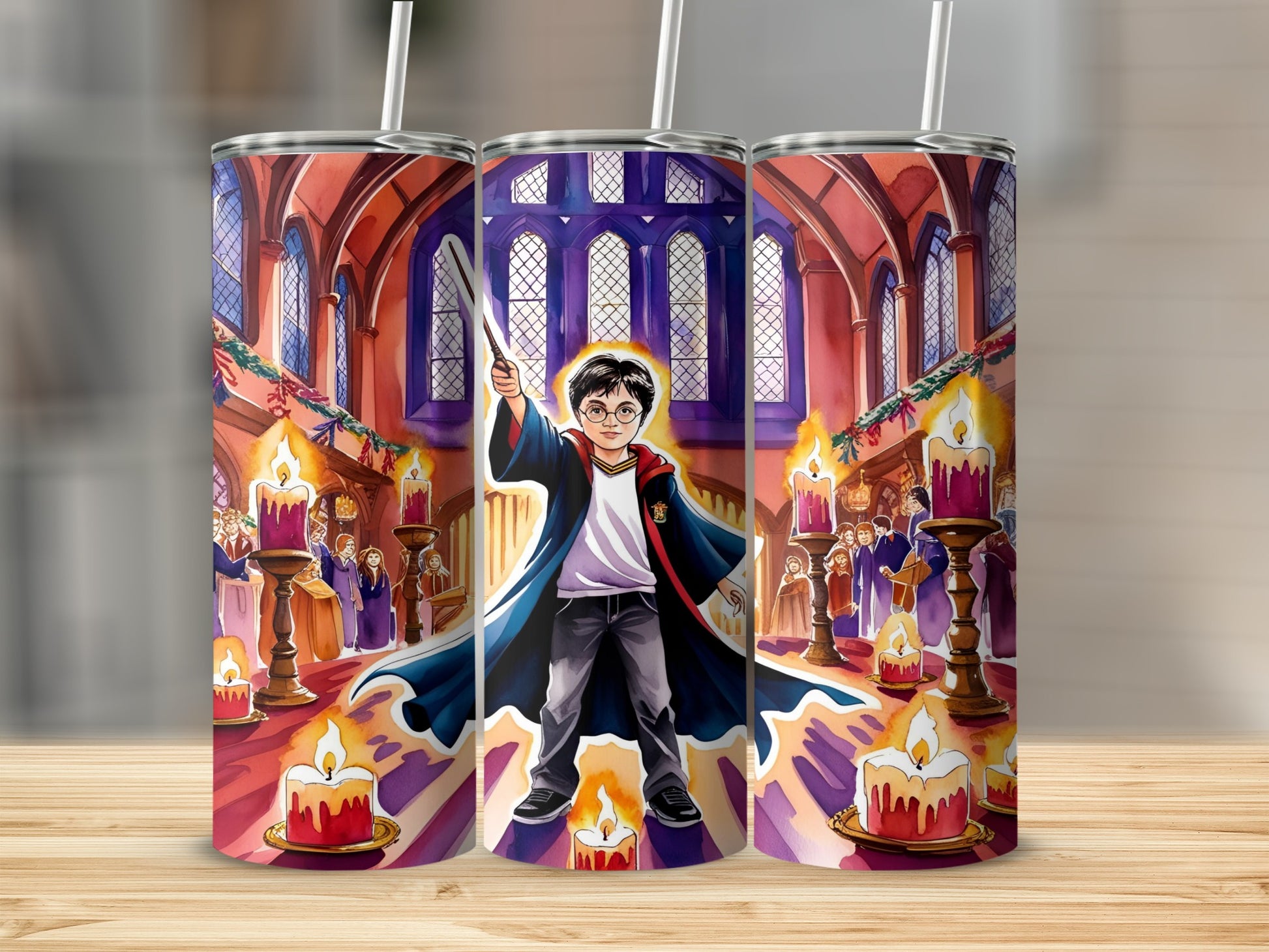 Harry Potter character with wand in grand hall with candles and people.
