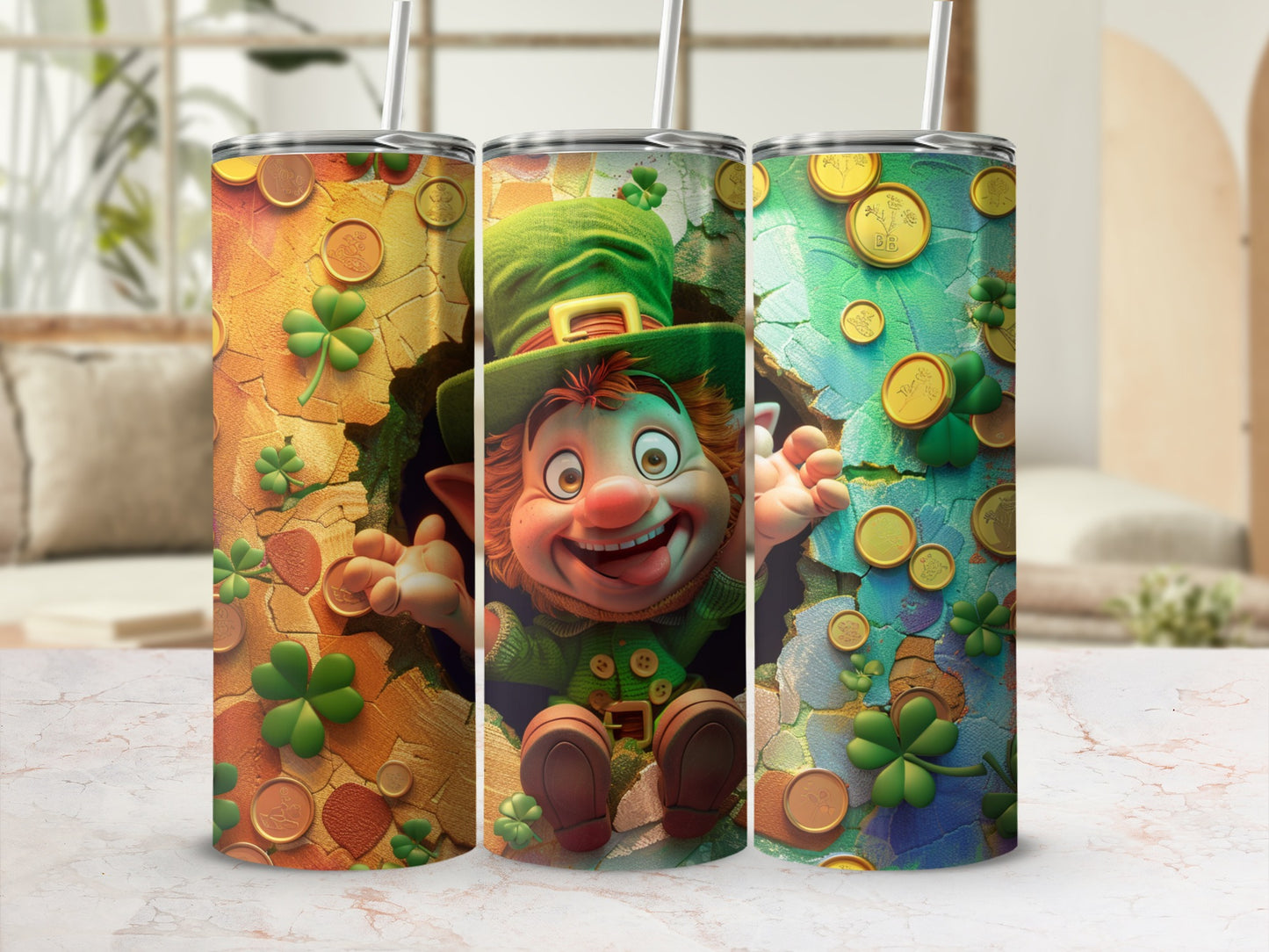 Leprechaun peeking from a hole, surrounded by shamrocks and gold coins.
