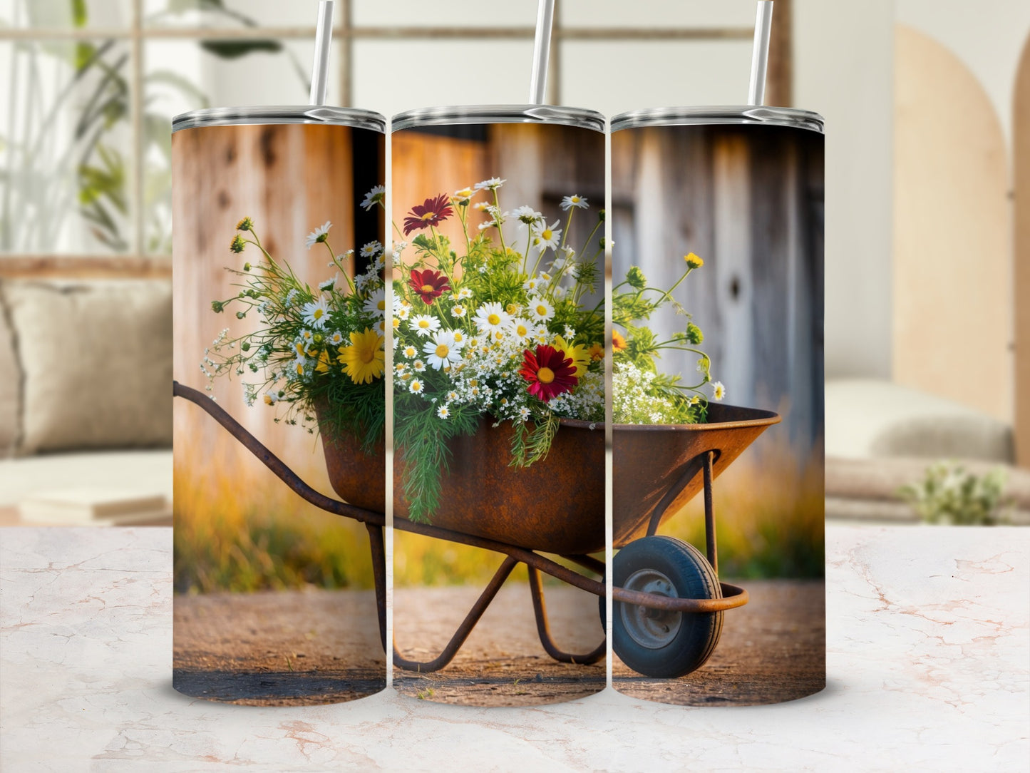 Rusty wheelbarrow filled with colorful wildflowers against a blurred background.