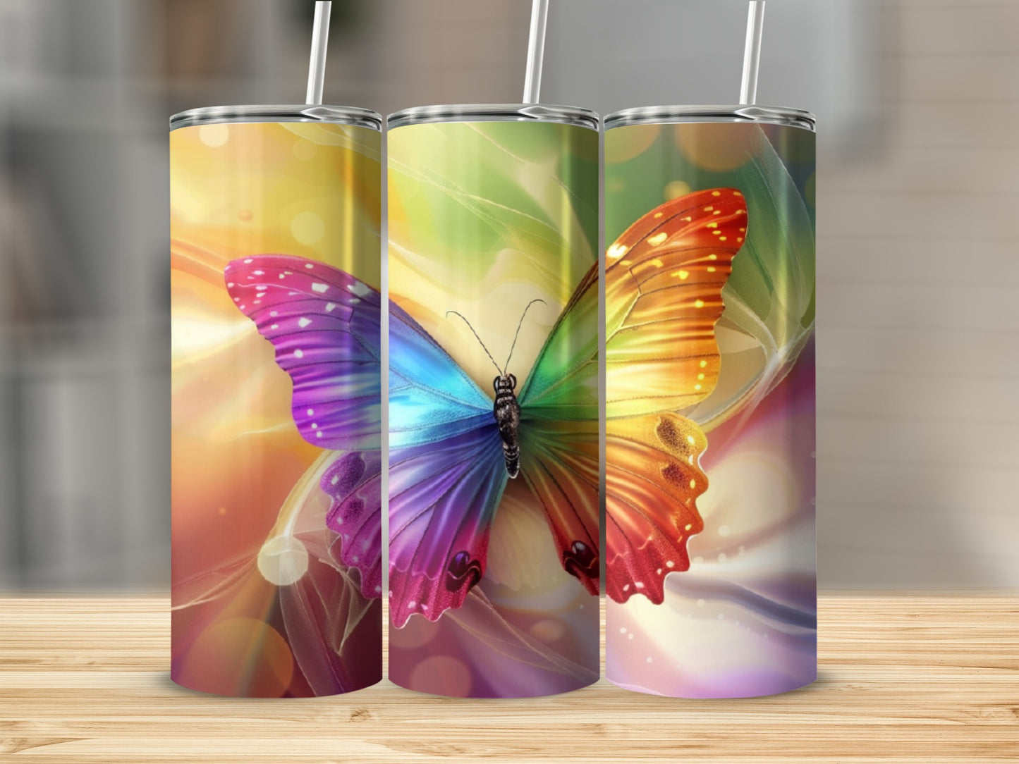 Three colorful butterfly tumblers with abstract backgrounds.