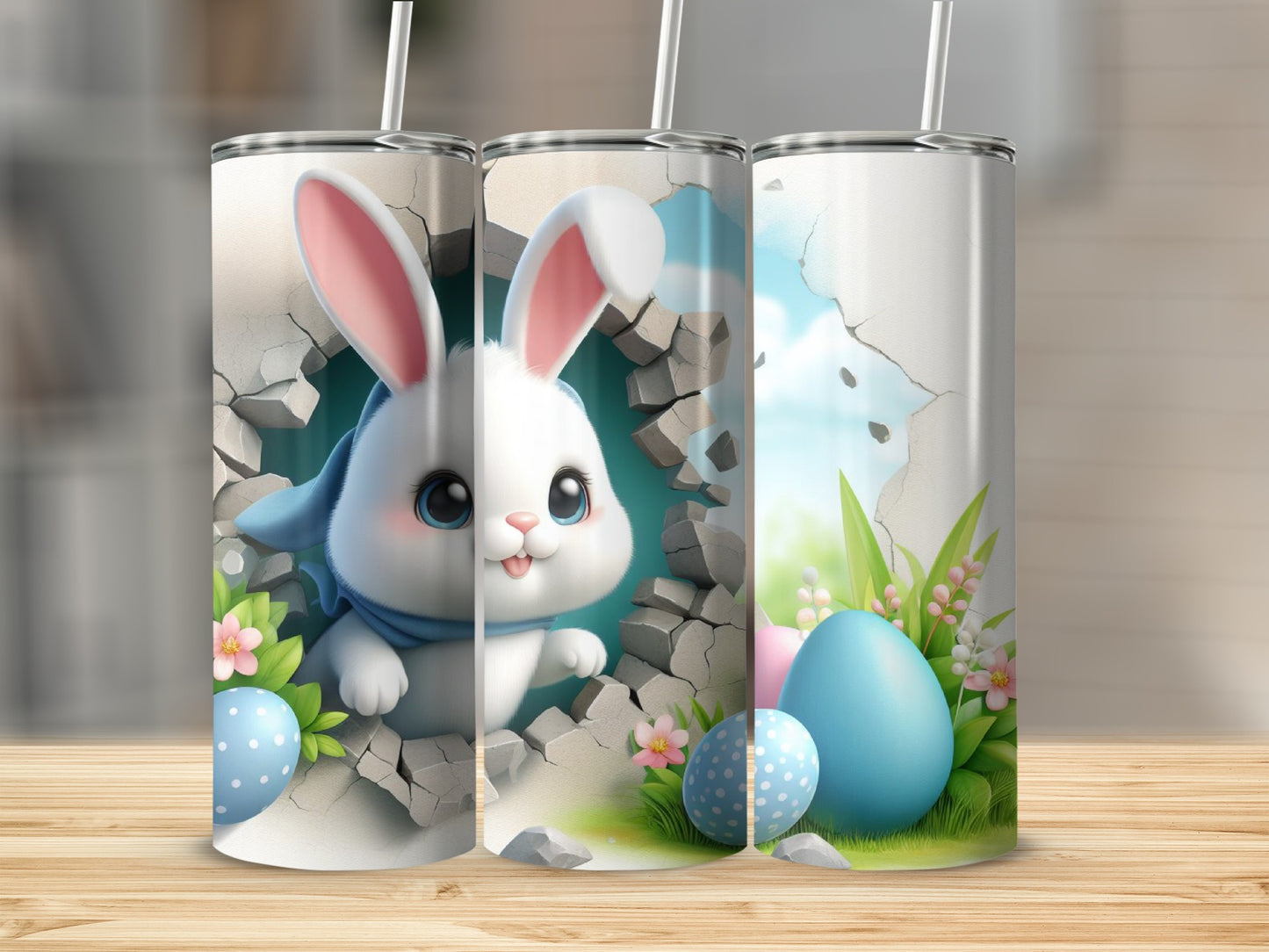 White bunny peeking through cracked wall with Easter eggs and flowers.