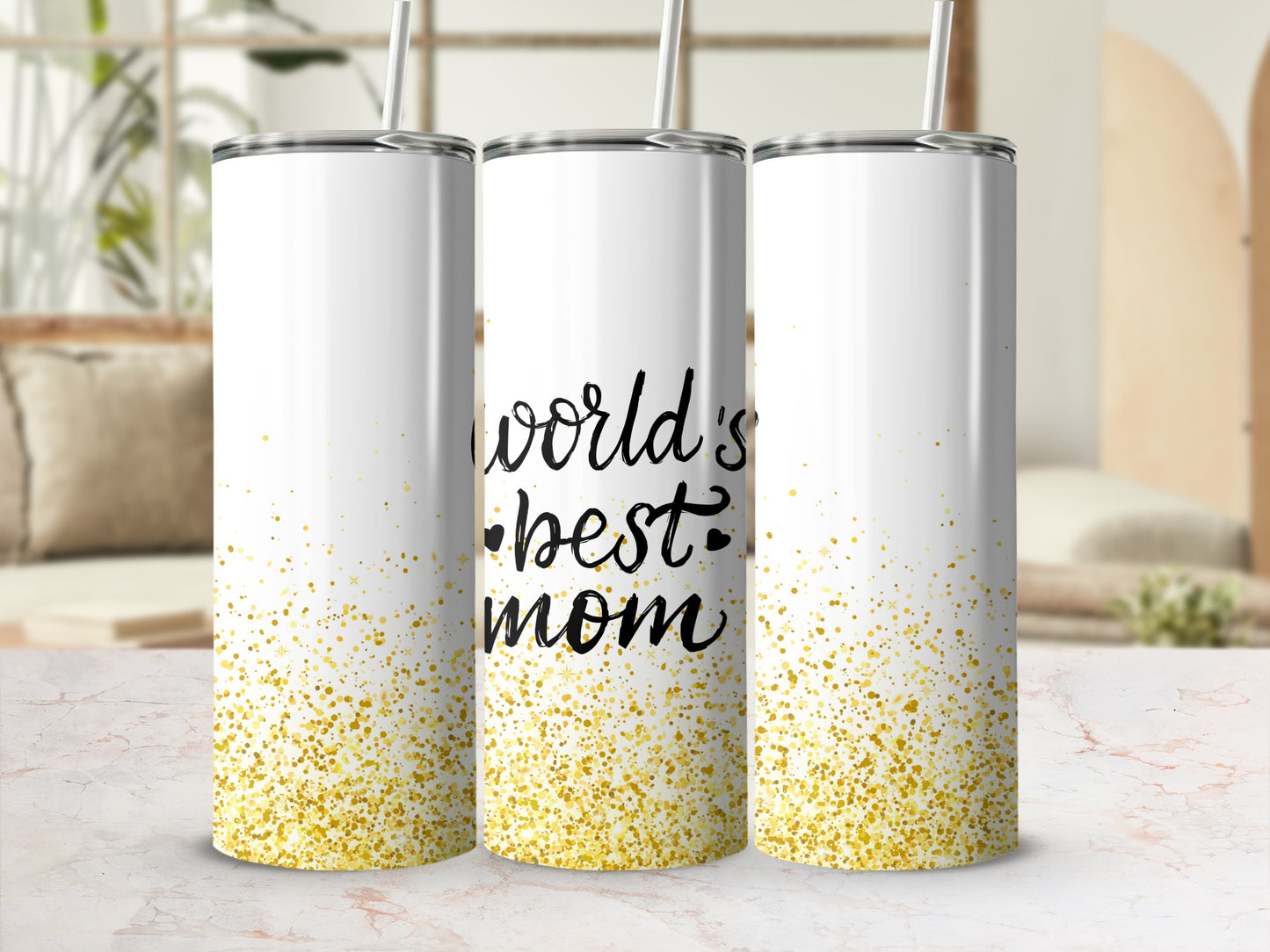 White tumblers with gold glitter and "world's best mom" text.