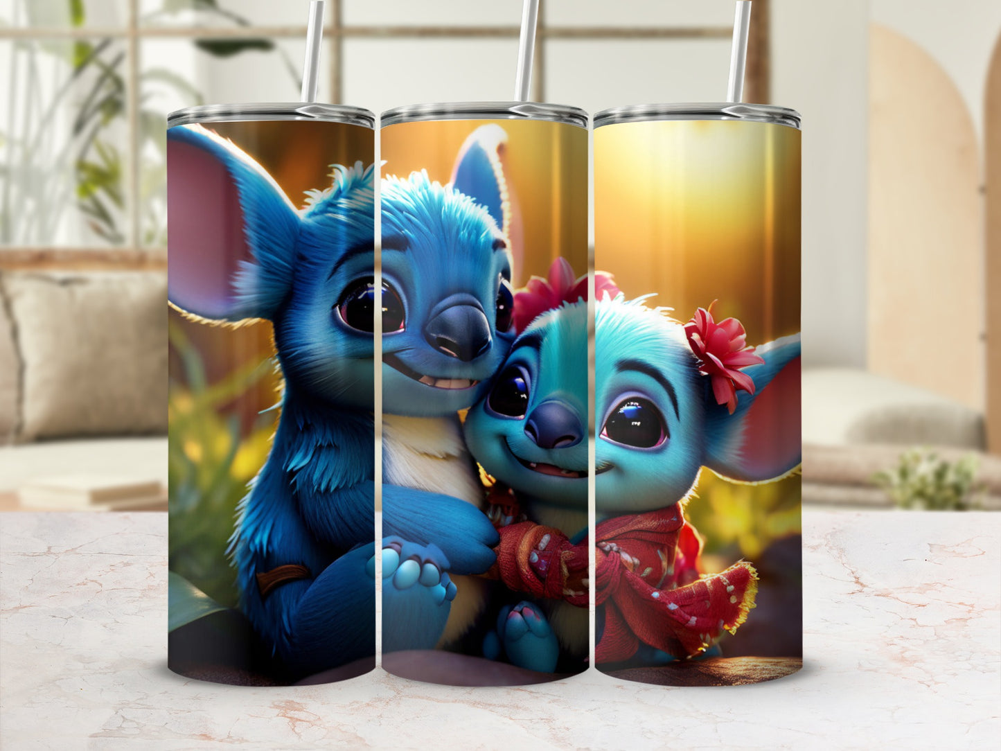 Stitch and Angel characters hugging on tumblers.