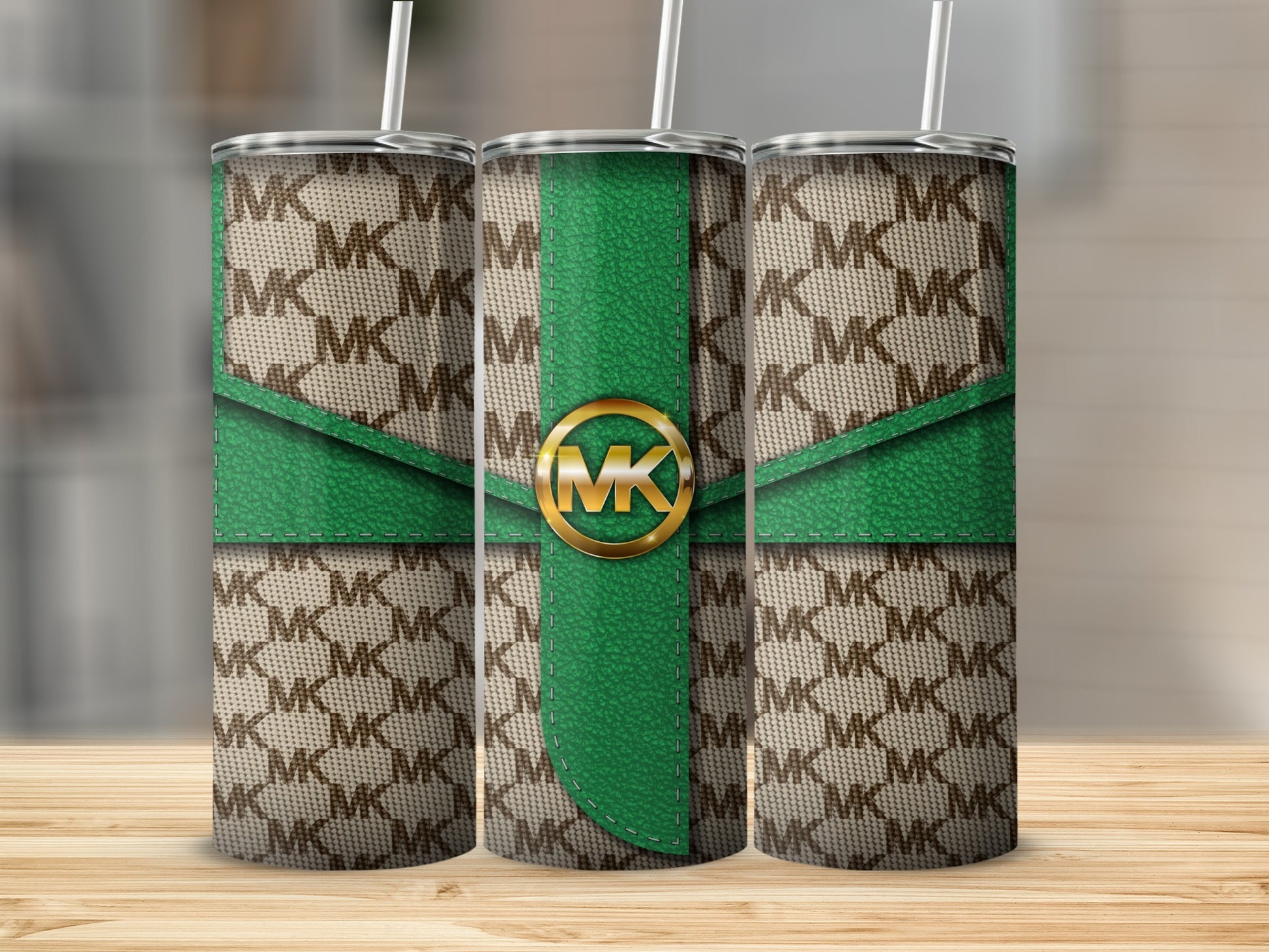 Stylish Green and Beige Patterned Tumbler with Logo