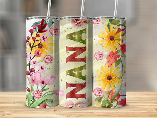 Three tumblers featuring floral designs and "NANA" text.