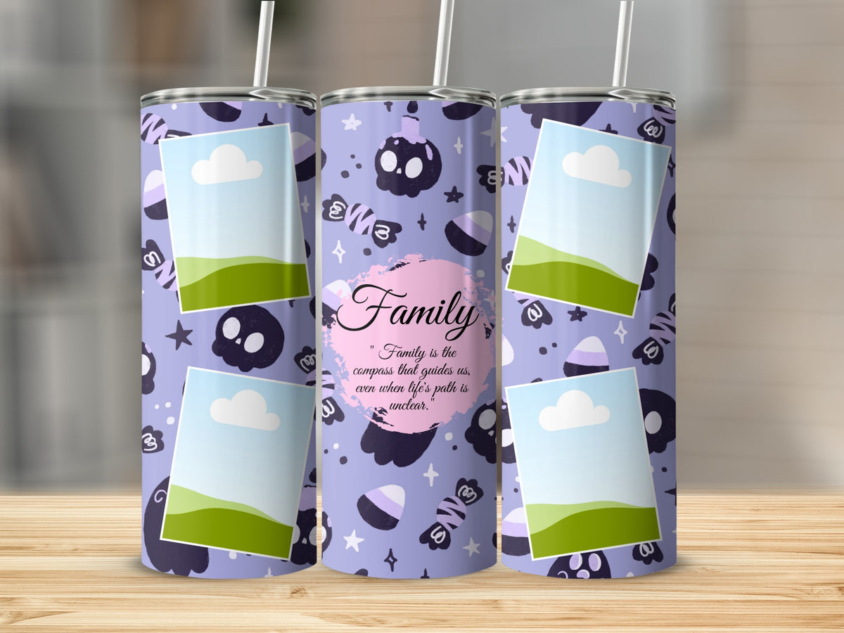 Purple tumbler with skulls, candy, and photo placeholders featuring family quote.