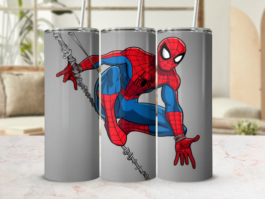 Spider-Man in costume on a gray tumbler with a straw.