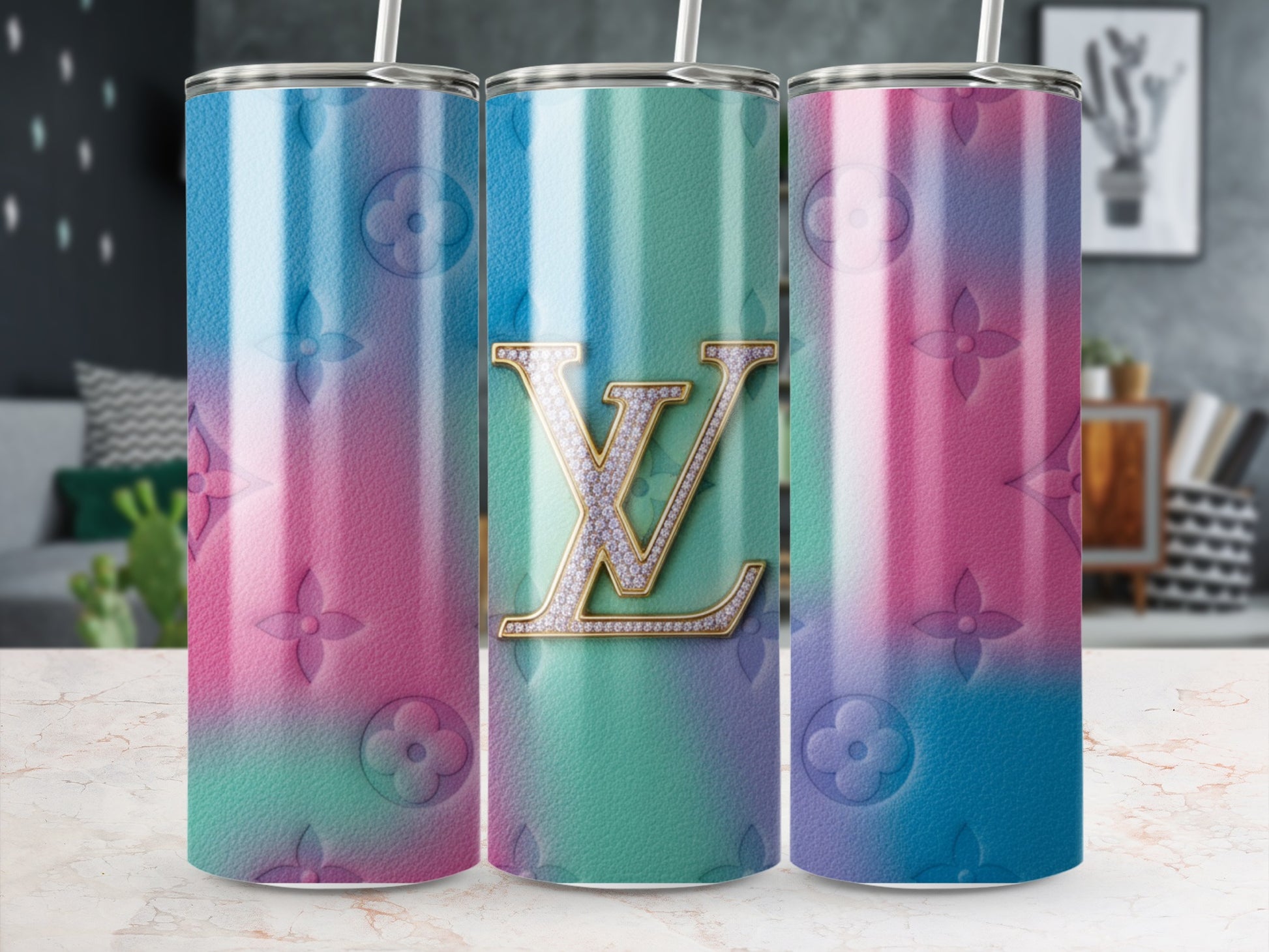 Gradient Blue Pink Tumbler with LV Monogram Design