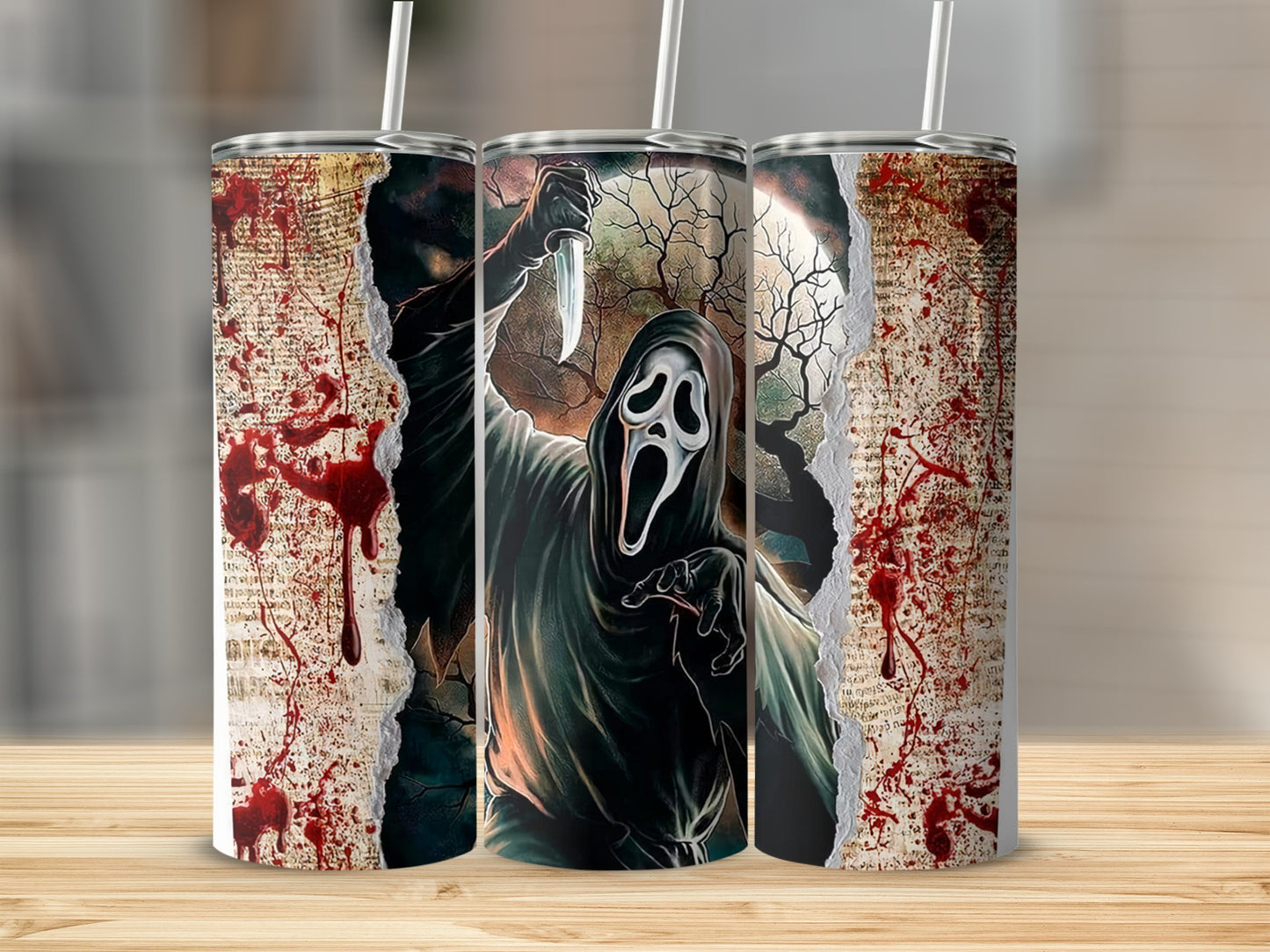 Scream mask ghost character on a ripped, bloody background.