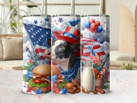 Patriotic cow wearing an Uncle Sam hat, American flag, and burger on a tumbler.