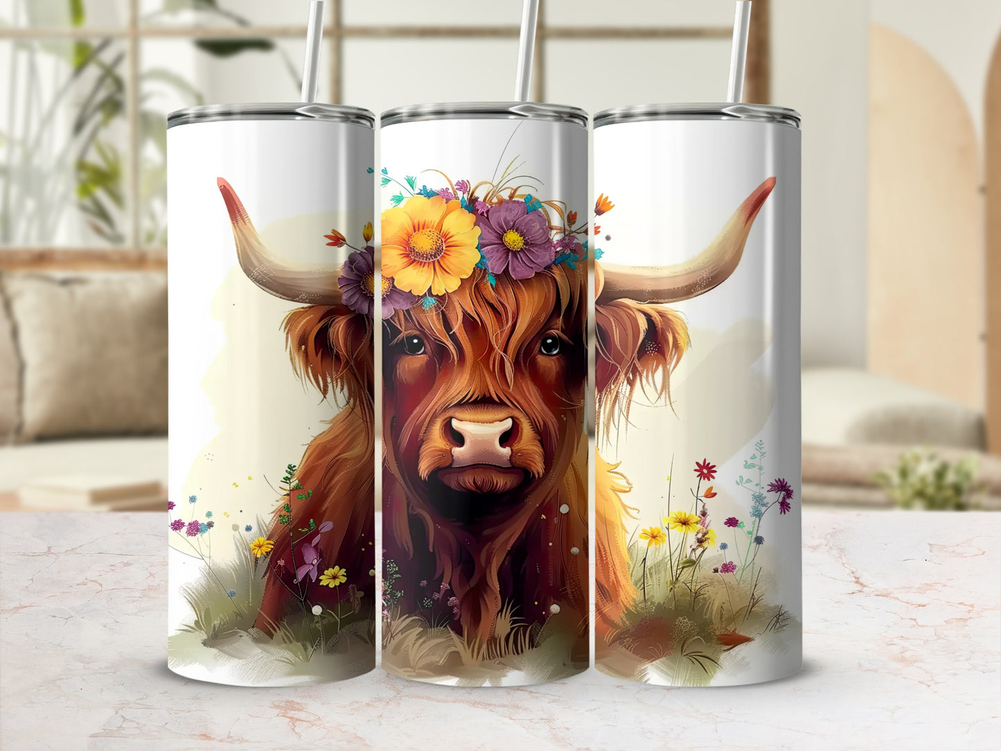 Highland cow with floral headdress on a patterned tumbler.