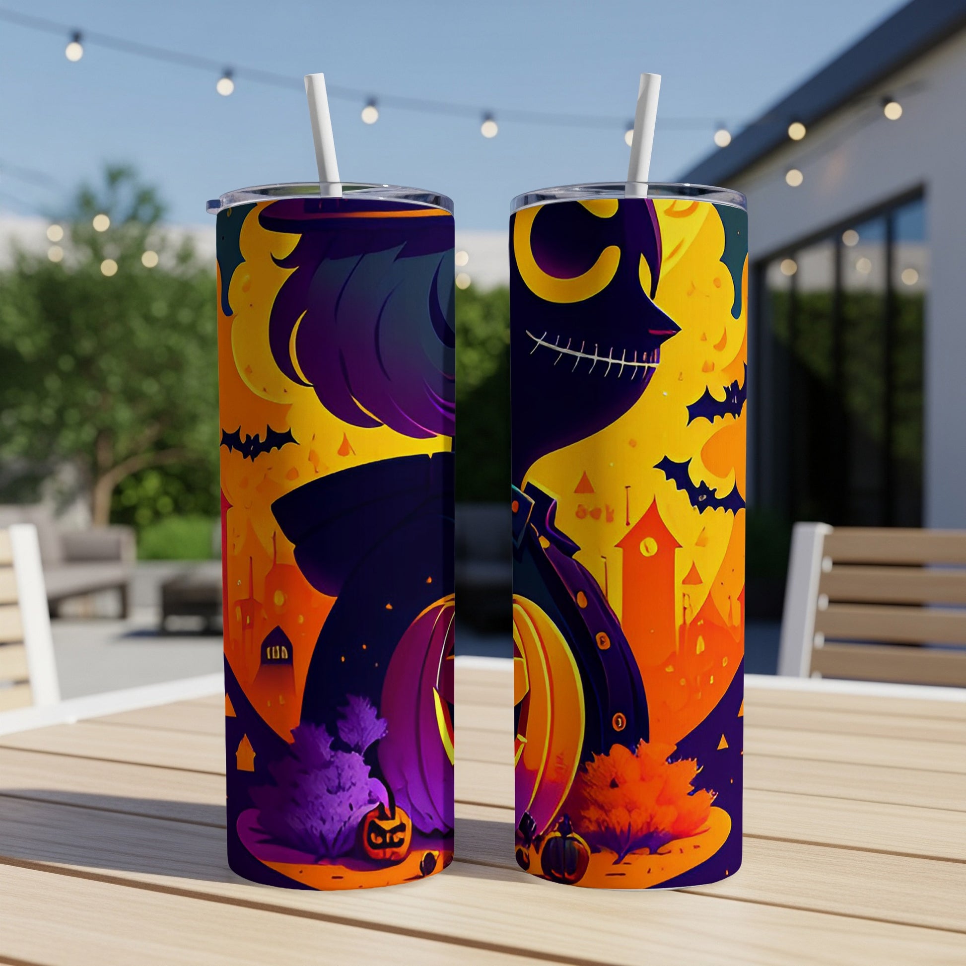 Two tumblers with a Halloween-themed jack-o'-lantern and spooky cityscape design.