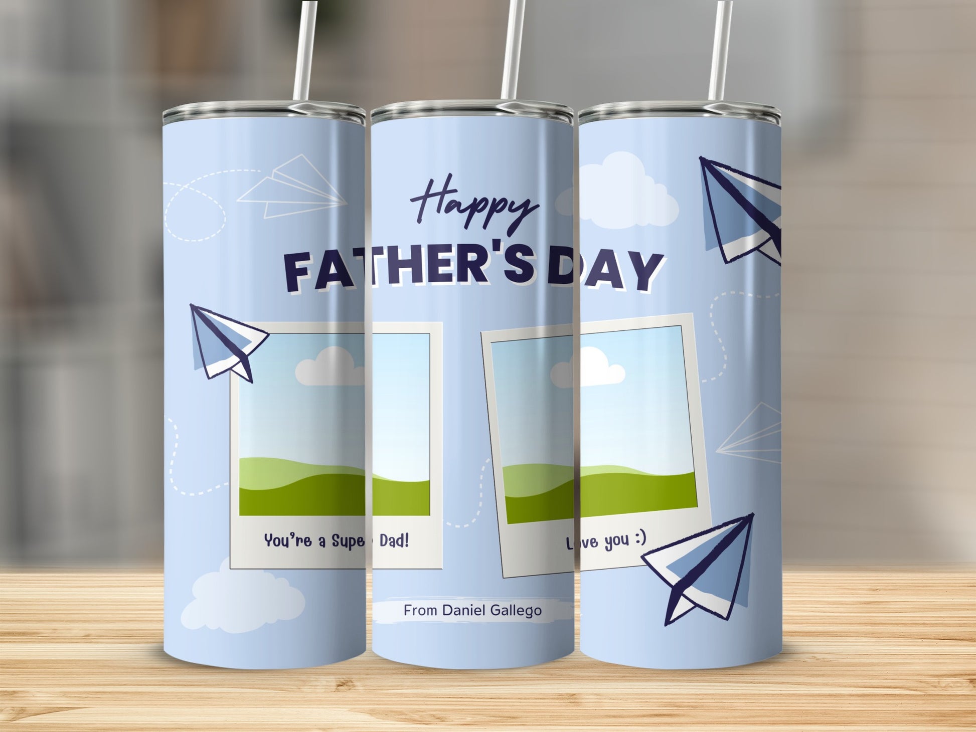 Happy Father's Day tumbler with personalized messages and photo placeholders.
