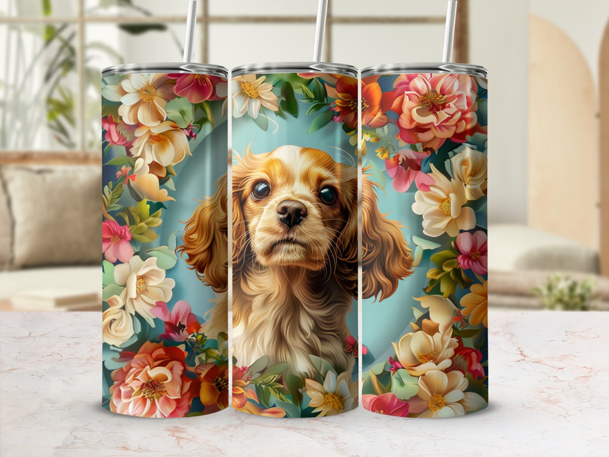 Dog surrounded by floral elements on a patterned tumbler.