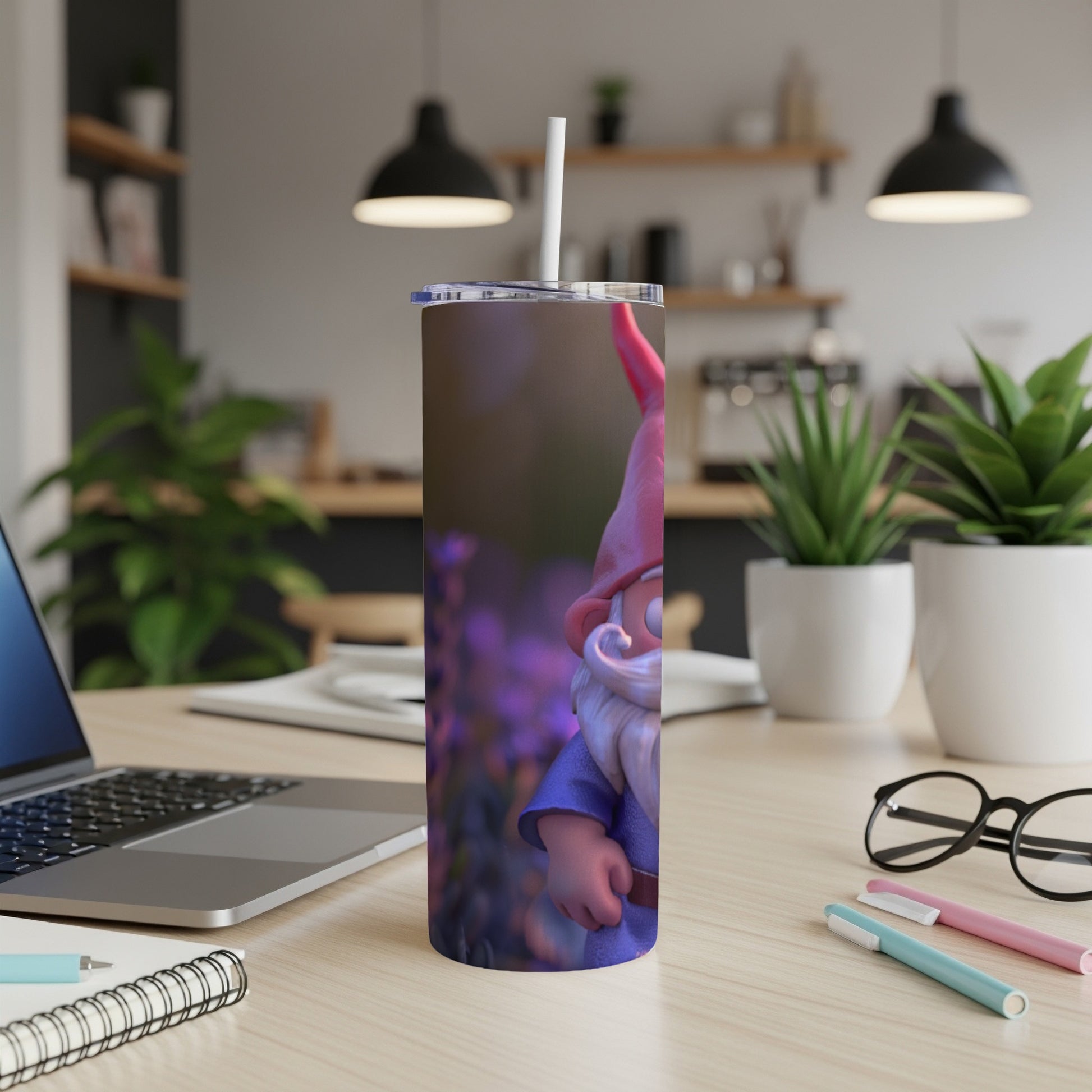 Gnome on a purple floral background on a tall, skinny tumbler.