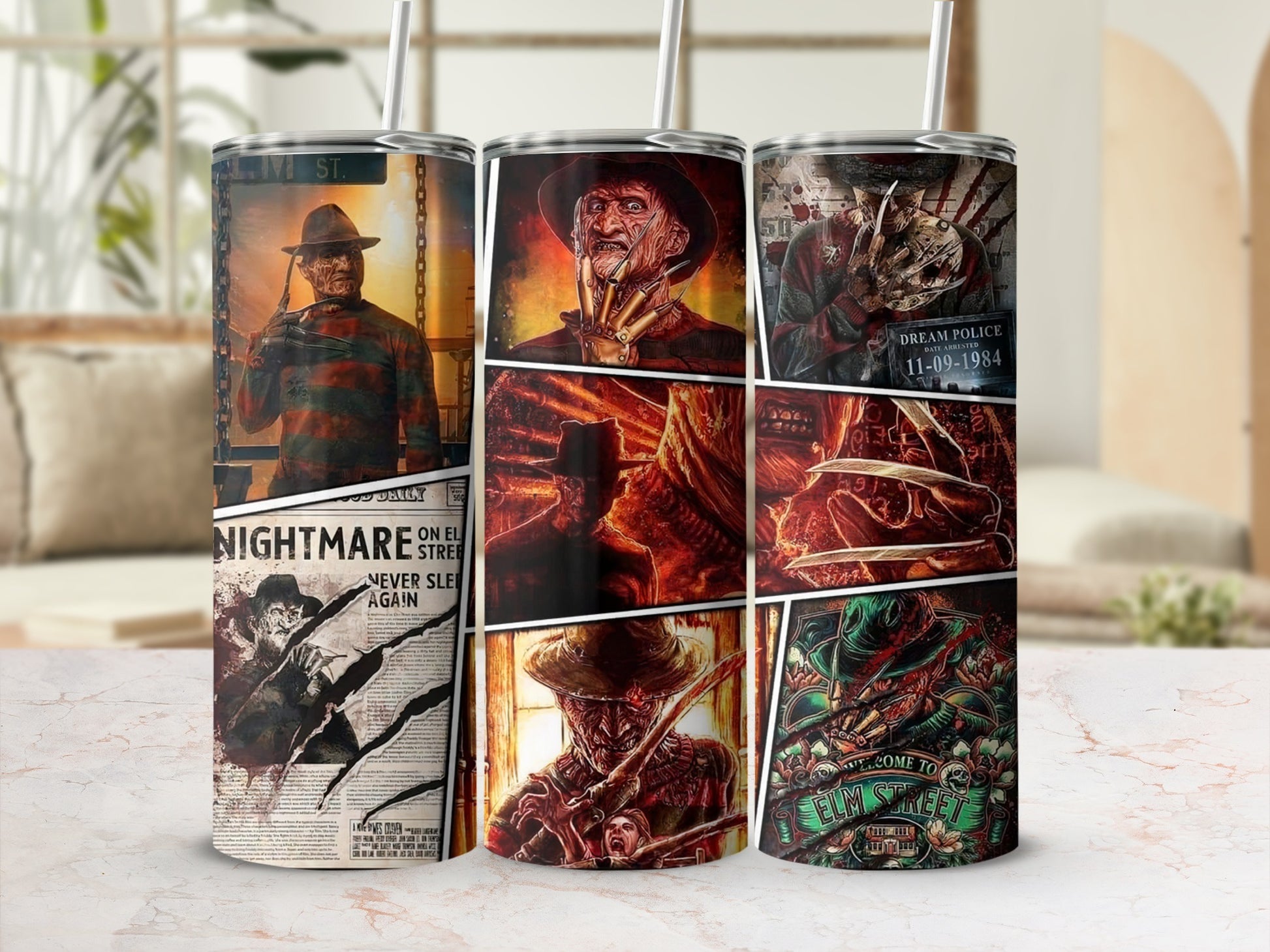 Tumblers featuring Freddy Krueger from A Nightmare on Elm Street.