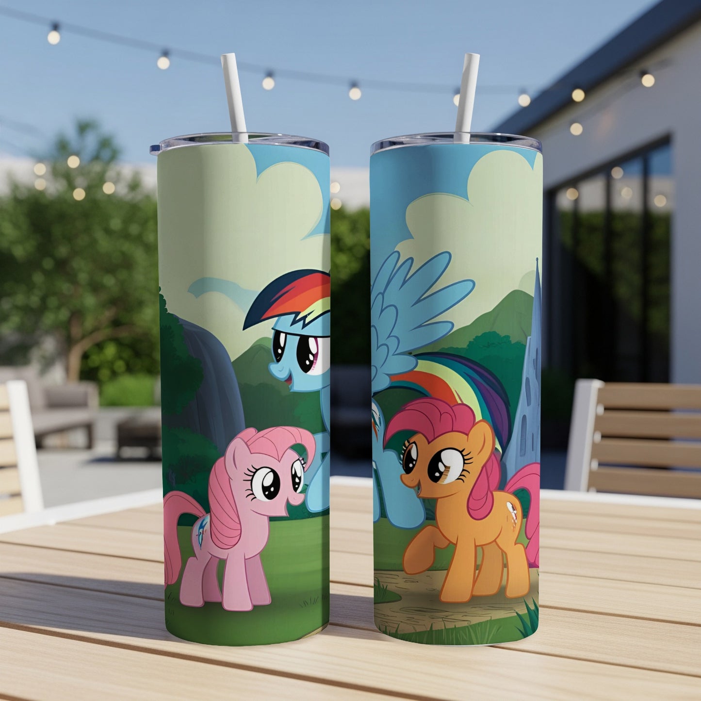 My Little Pony characters Pinkie Pie and Rainbow Dash on a grassy hill.