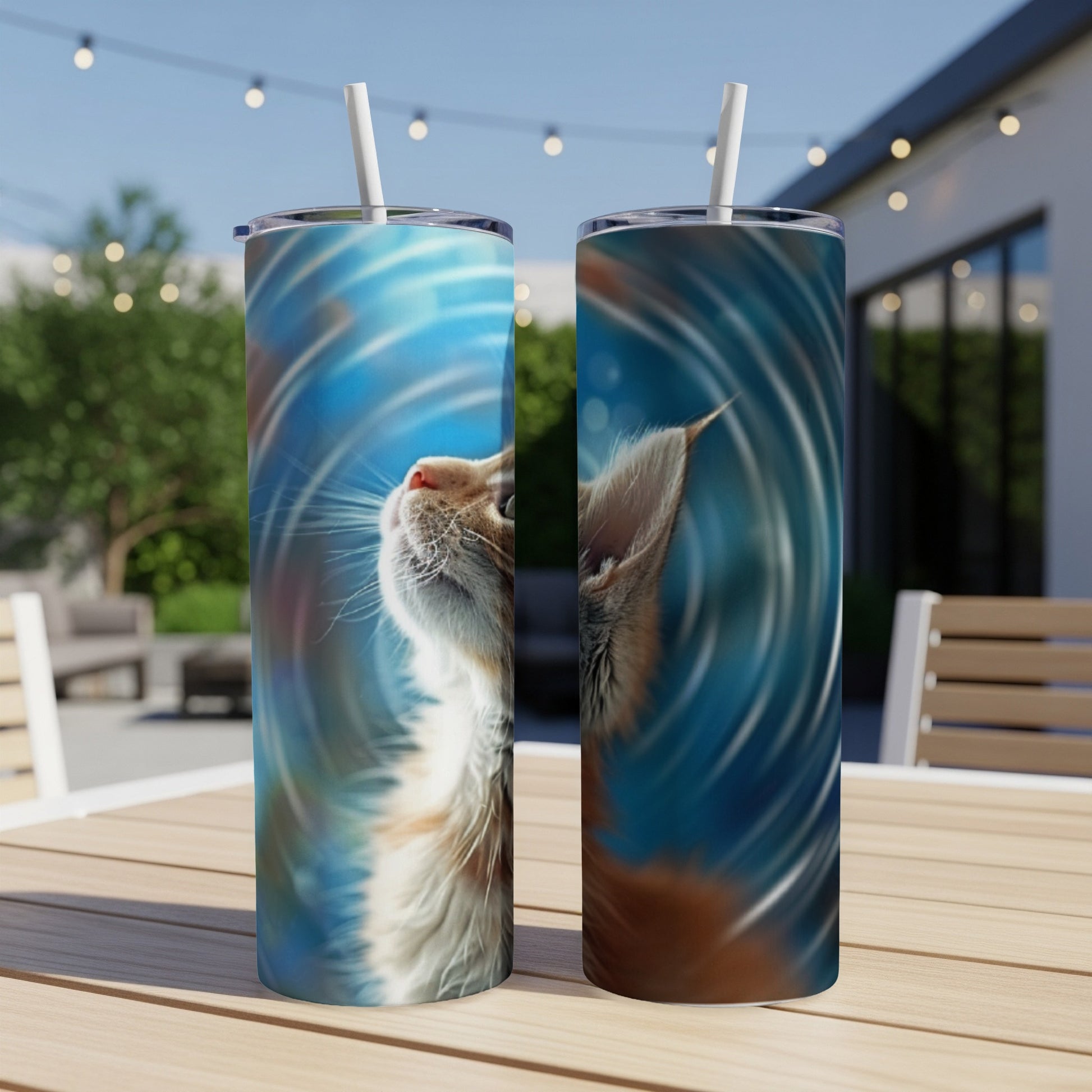 Two tumblers with a close-up of a cat's face and swirling blue background.