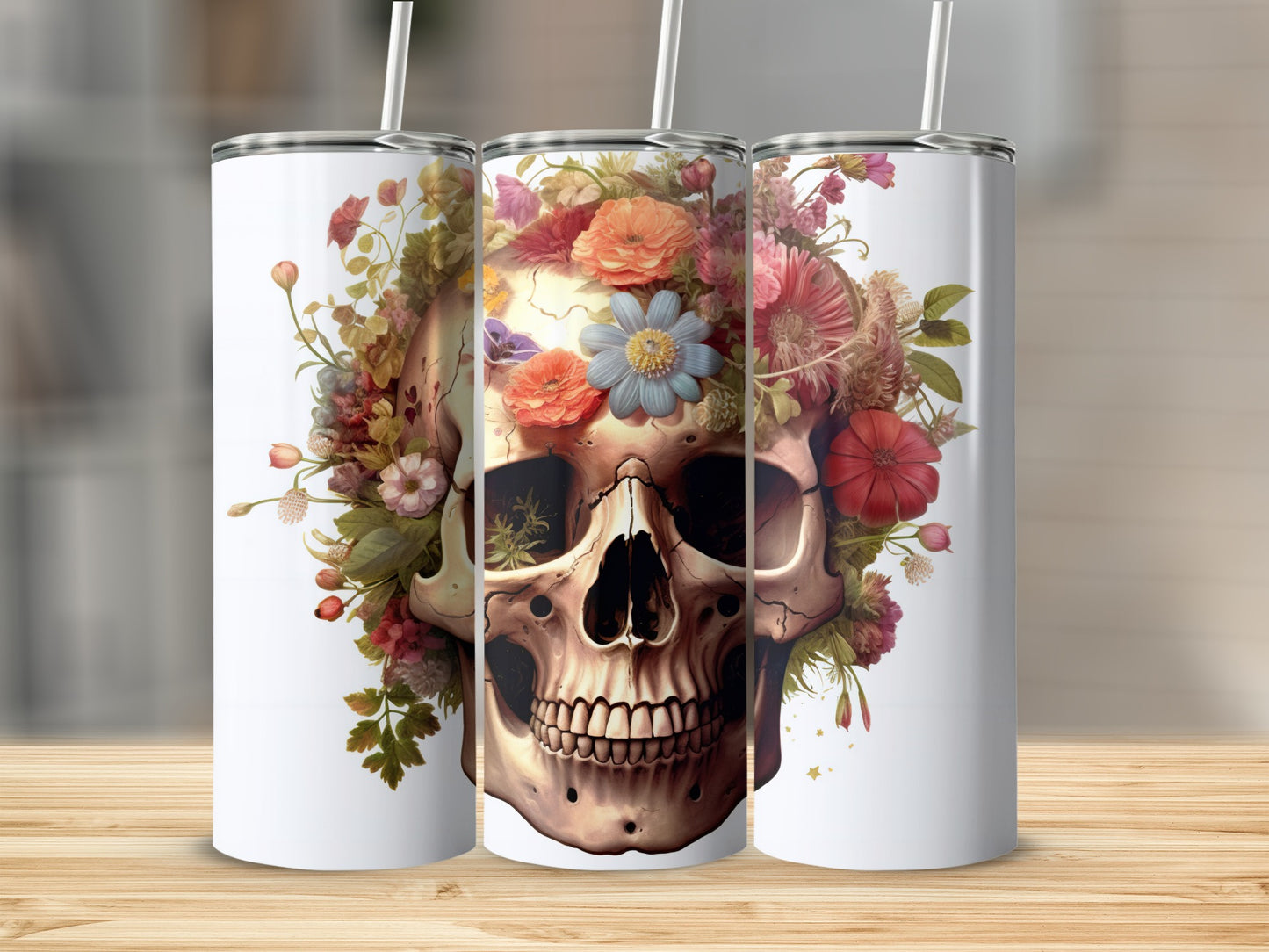 Floral Skull Tumbler with Colorful Flower Accents