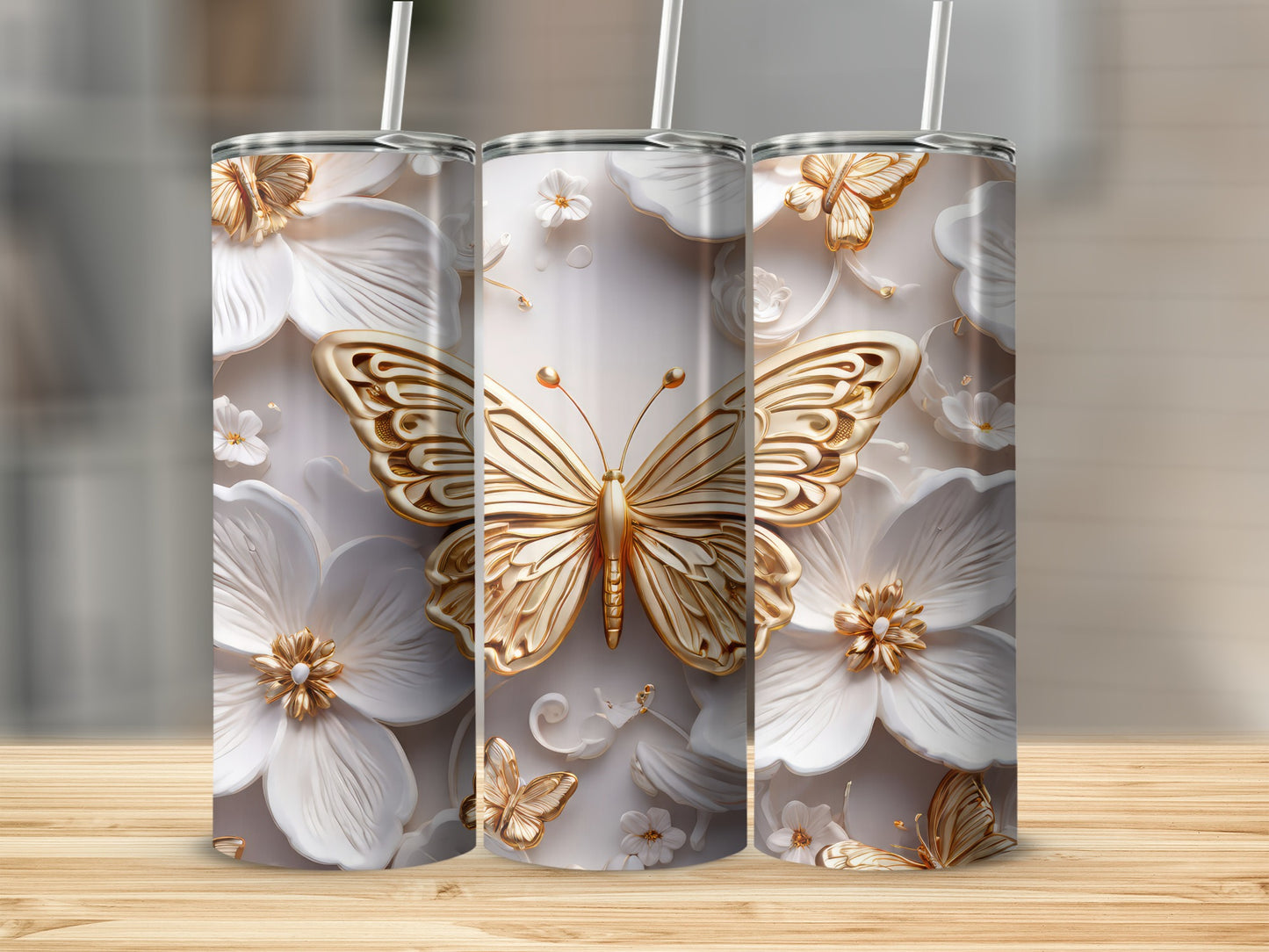 Elegant Butterfly and Floral Design Tumbler Cup