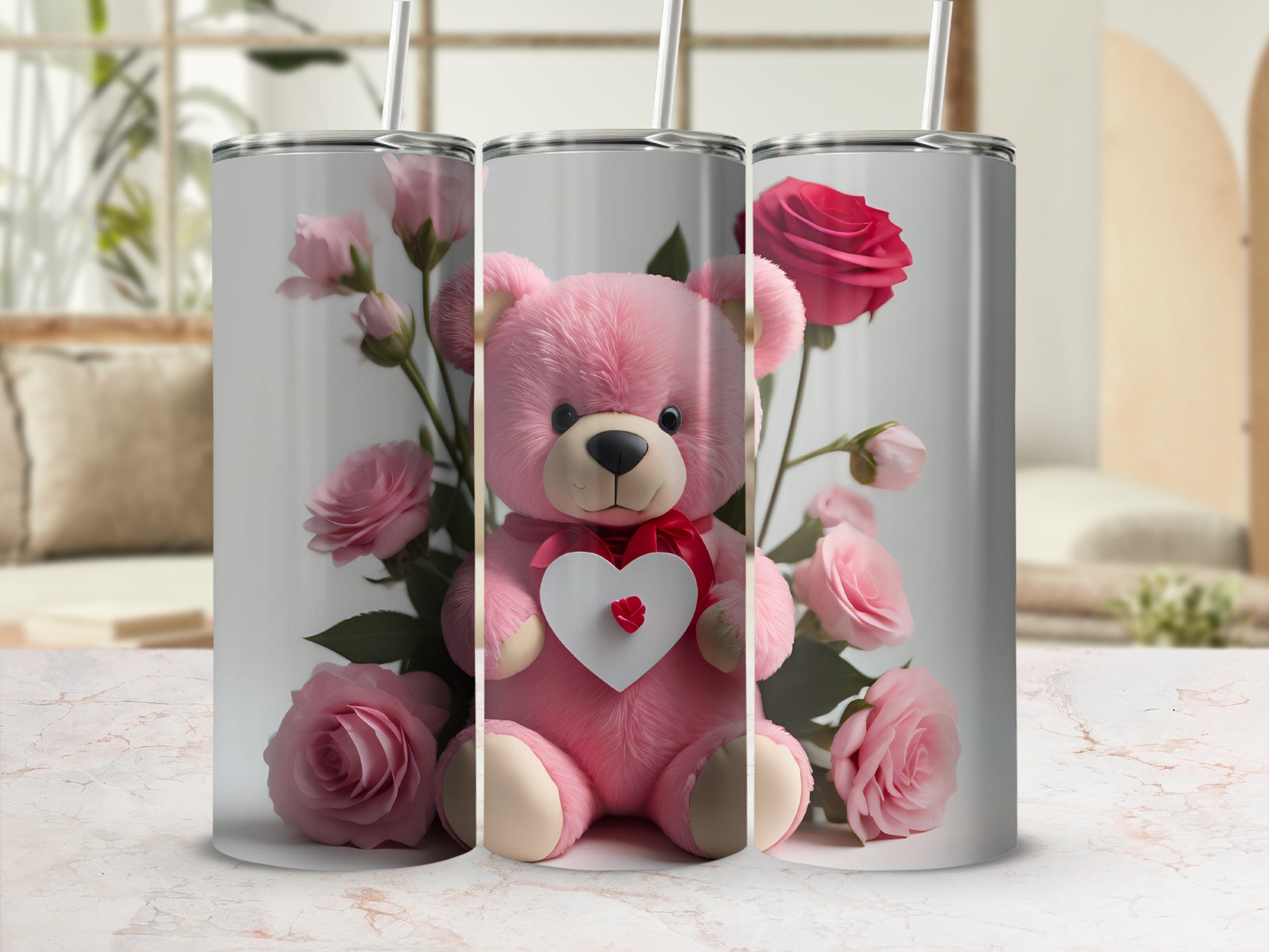 Pink Teddy Bear with Heart and Roses Tumbler Design