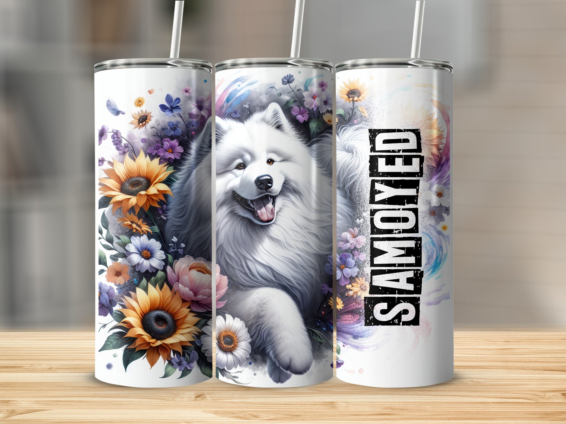 Tumbler with Samoyed dog and colorful flowers, "SAMOYED" text.