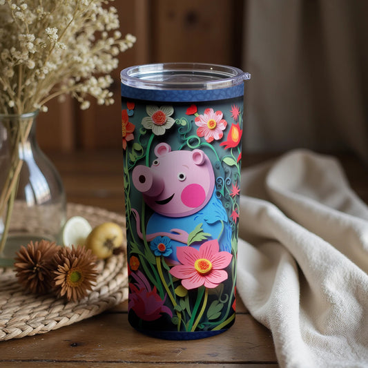 Cute Cartoon Pig Amidst Colorful Floral Tumbler