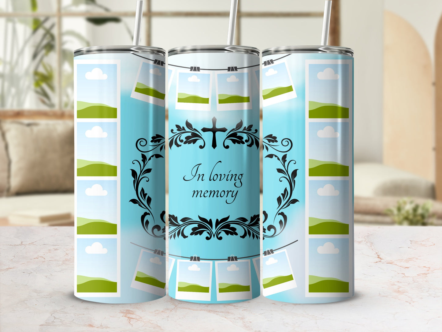 Tumbler with "In loving memory" text, a cross, and photo frames.