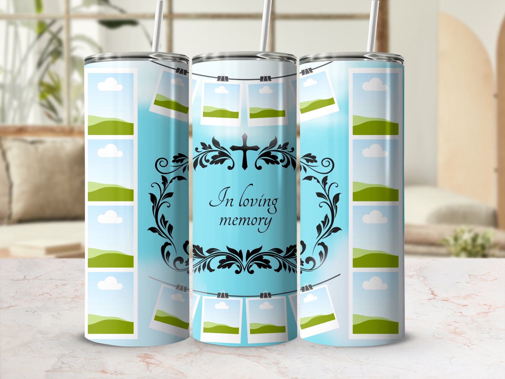 Tumbler with "In loving memory" text, a cross, and photo frames.