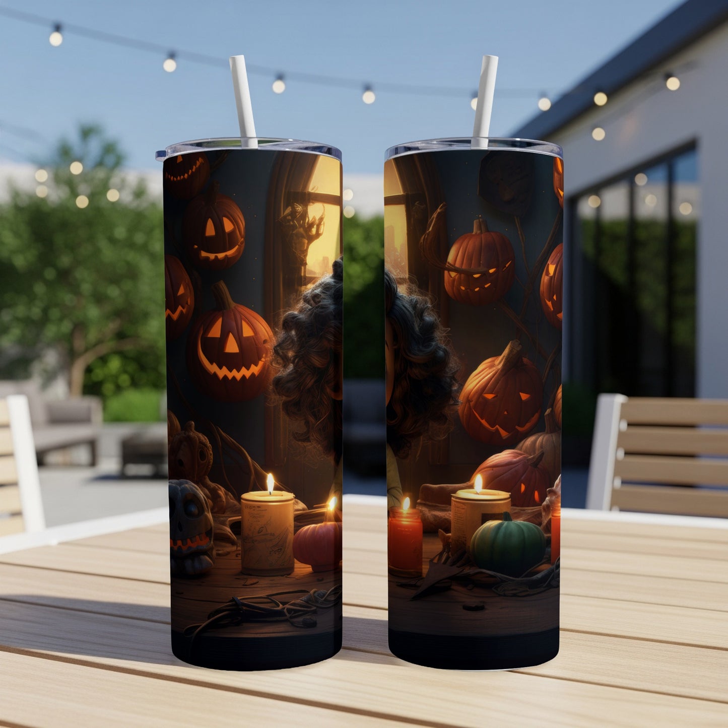 Halloween tumblers with glowing jack-o'-lanterns, skulls, and candles on a wooden table.