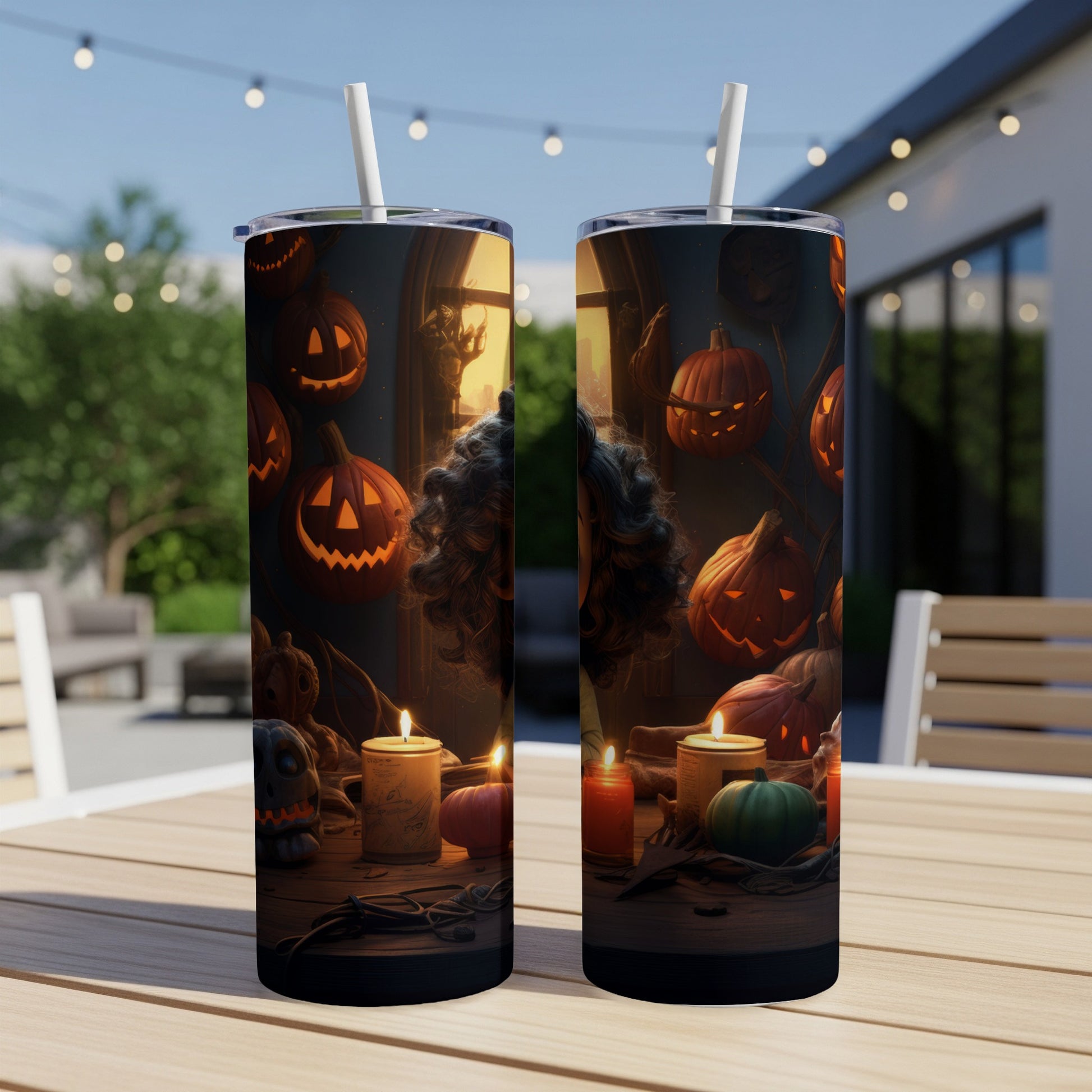Halloween tumblers with glowing jack-o'-lanterns, skulls, and candles on a wooden table.