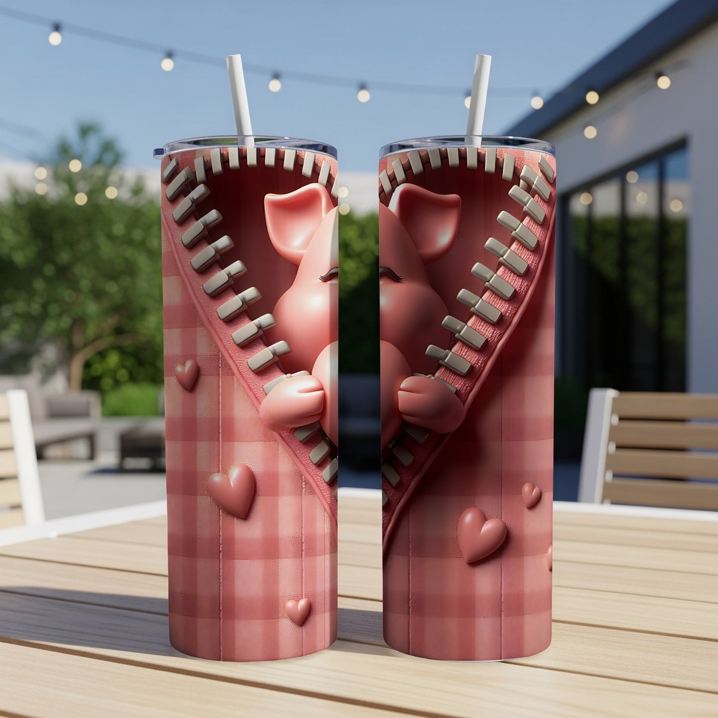 Pink pig character peeking from zipper on gingham tumbler with hearts.