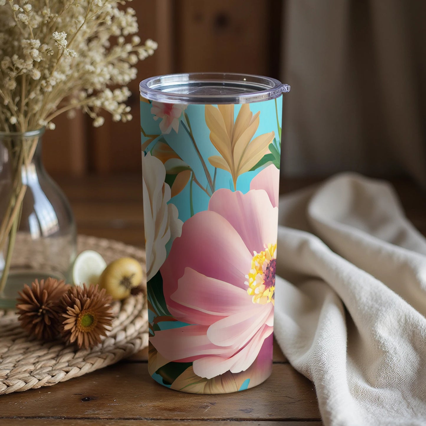 Floral Coffee Tumbler with Lid and Botanical Design