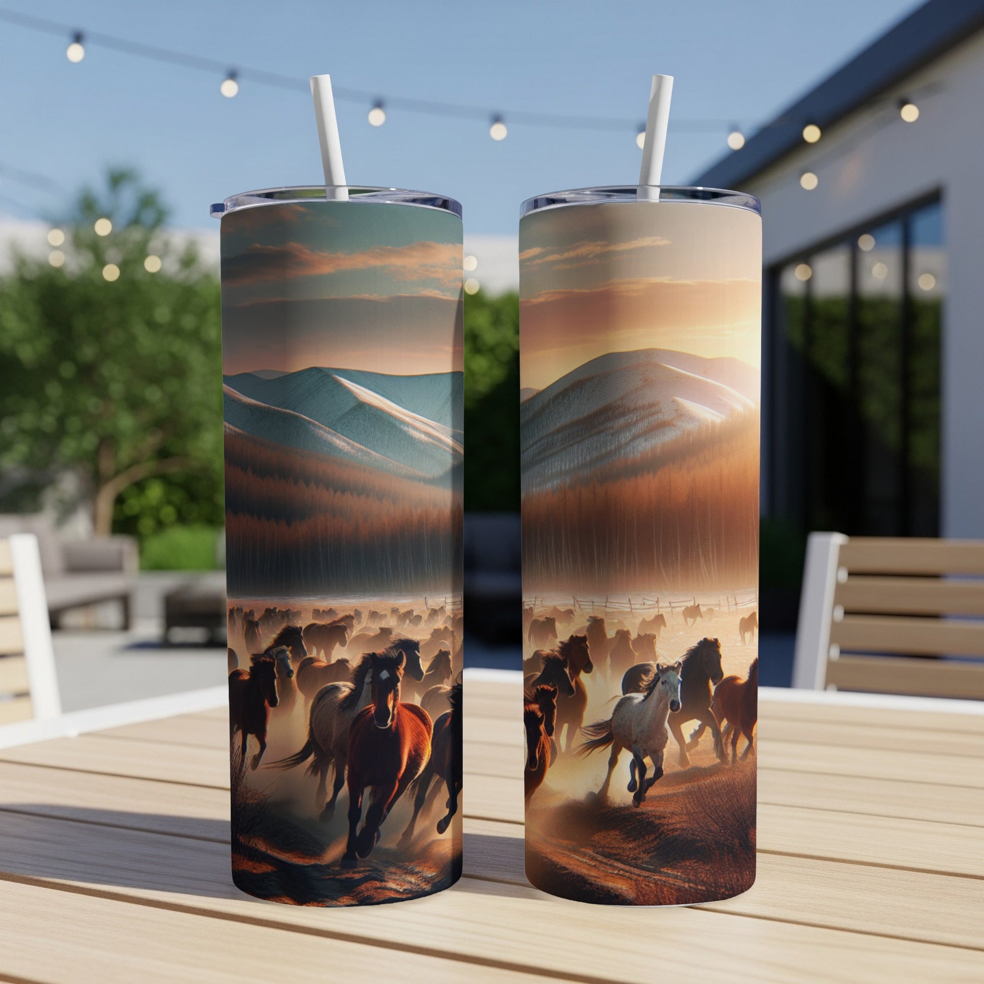 Two tumblers featuring a herd of horses running at sunset.