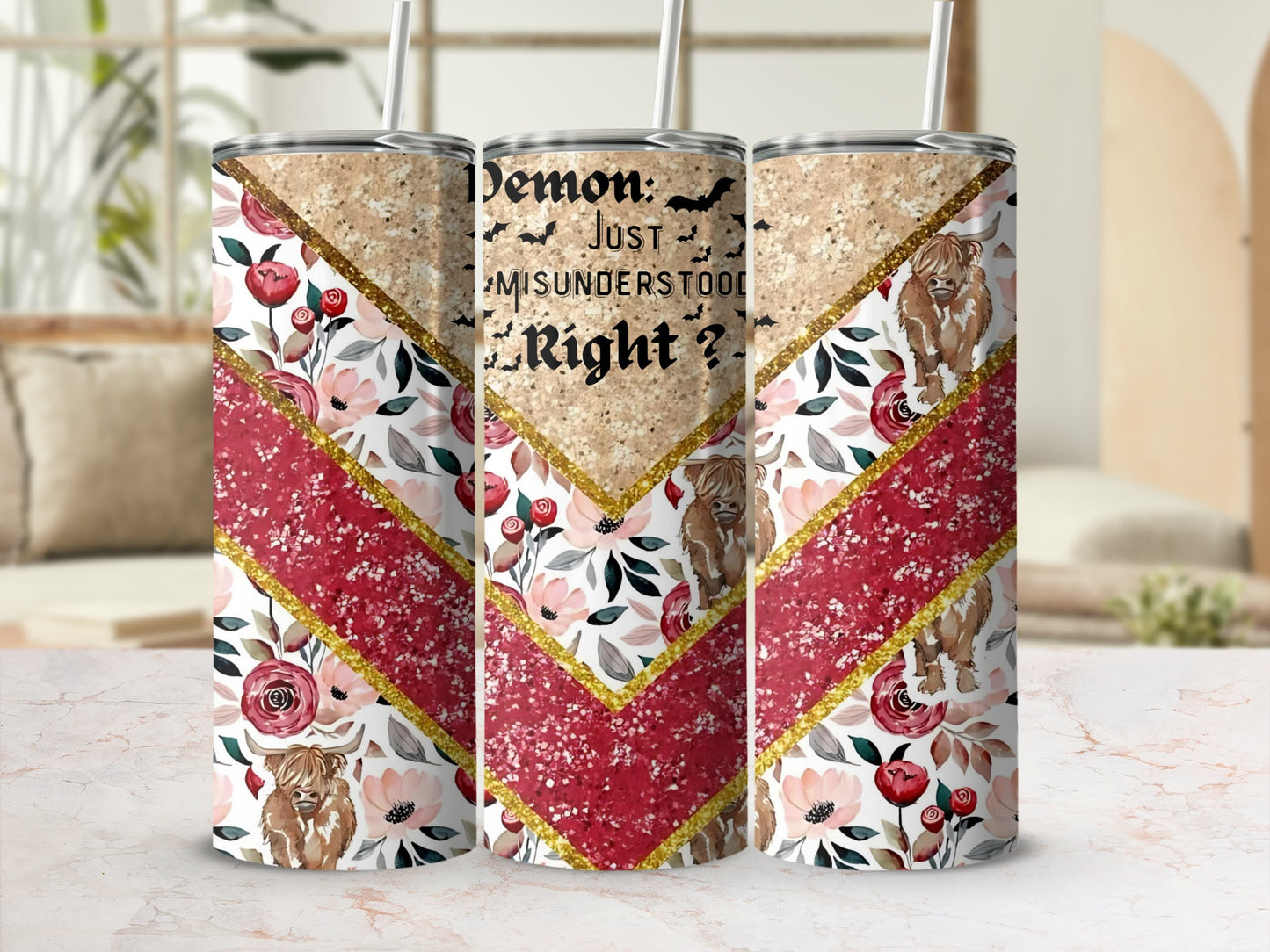 Floral and Demon Just Misunderstood Design Tumbler